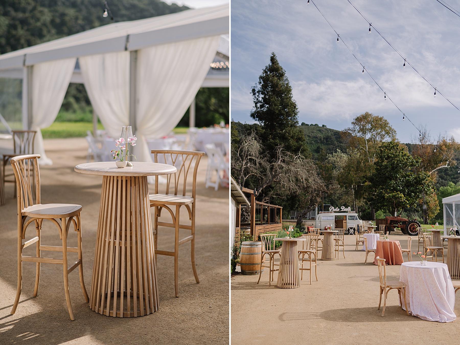 Outdoor cocktail hour setup at Tar Creek Ranch featuring neutral high-top tables, wooden chairs, and white draped tents surrounded by oak trees and hills.