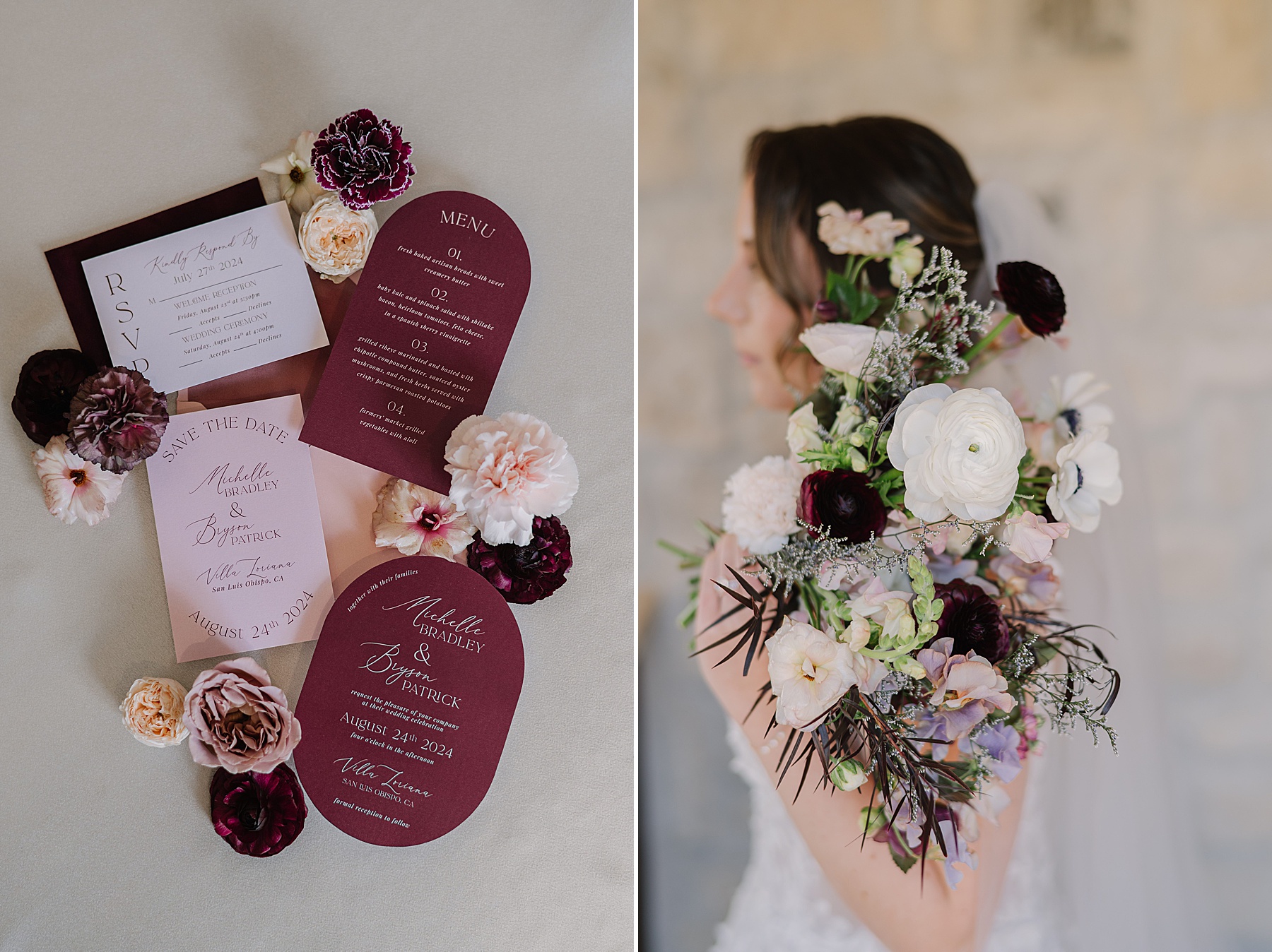 Burgundy and blush wedding invitation suite styled with florals, alongside a bride holding a romantic bouquet of white, blush, and deep plum flowers at Villa Loriana in San Luis Obispo