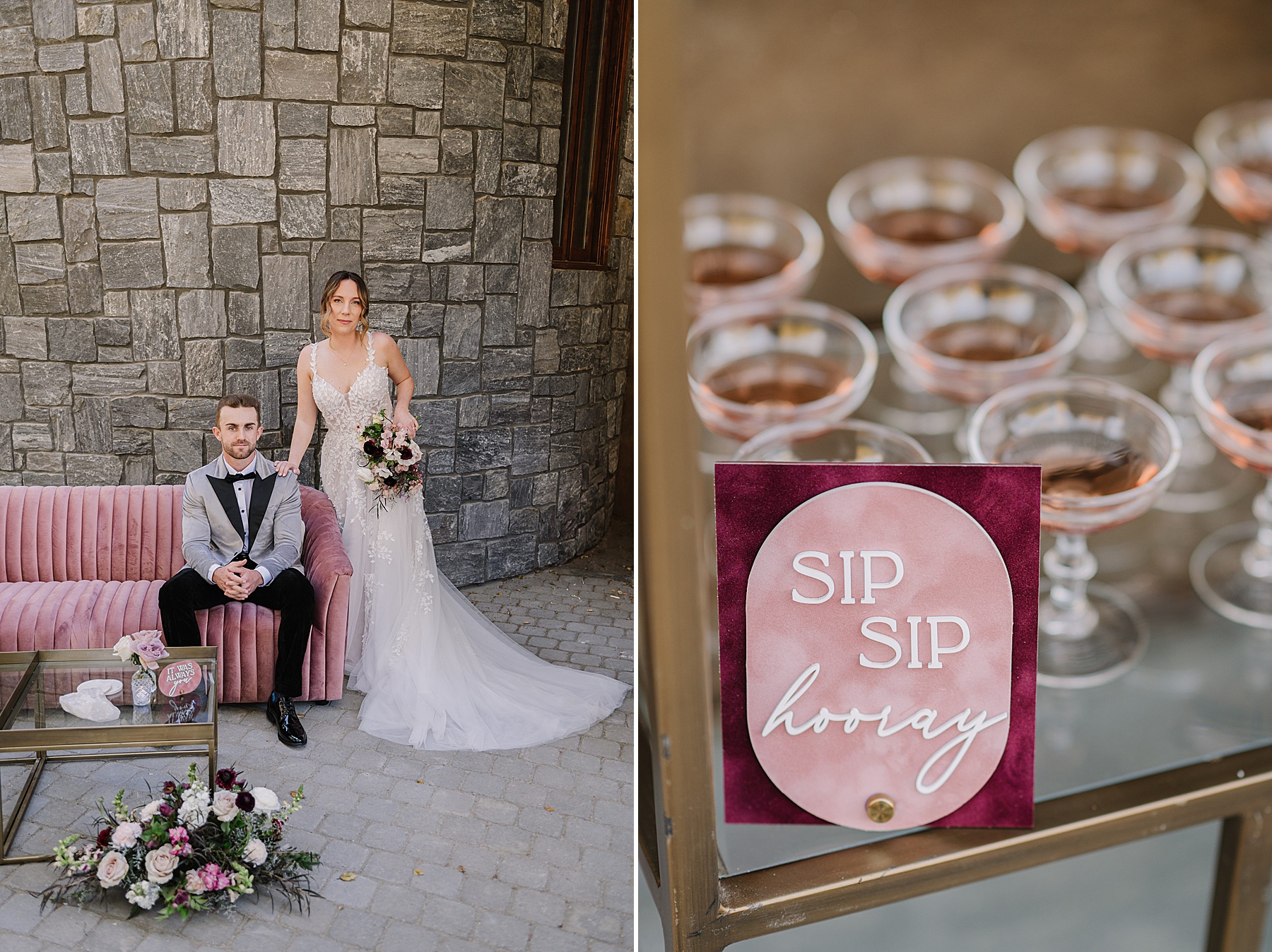 Stylish bride and groom pose in front of a stone wall with blush pink decor at Villa Loriana, paired with a celebratory champagne display and "Sip Sip Hooray" sign during a wedding reception.