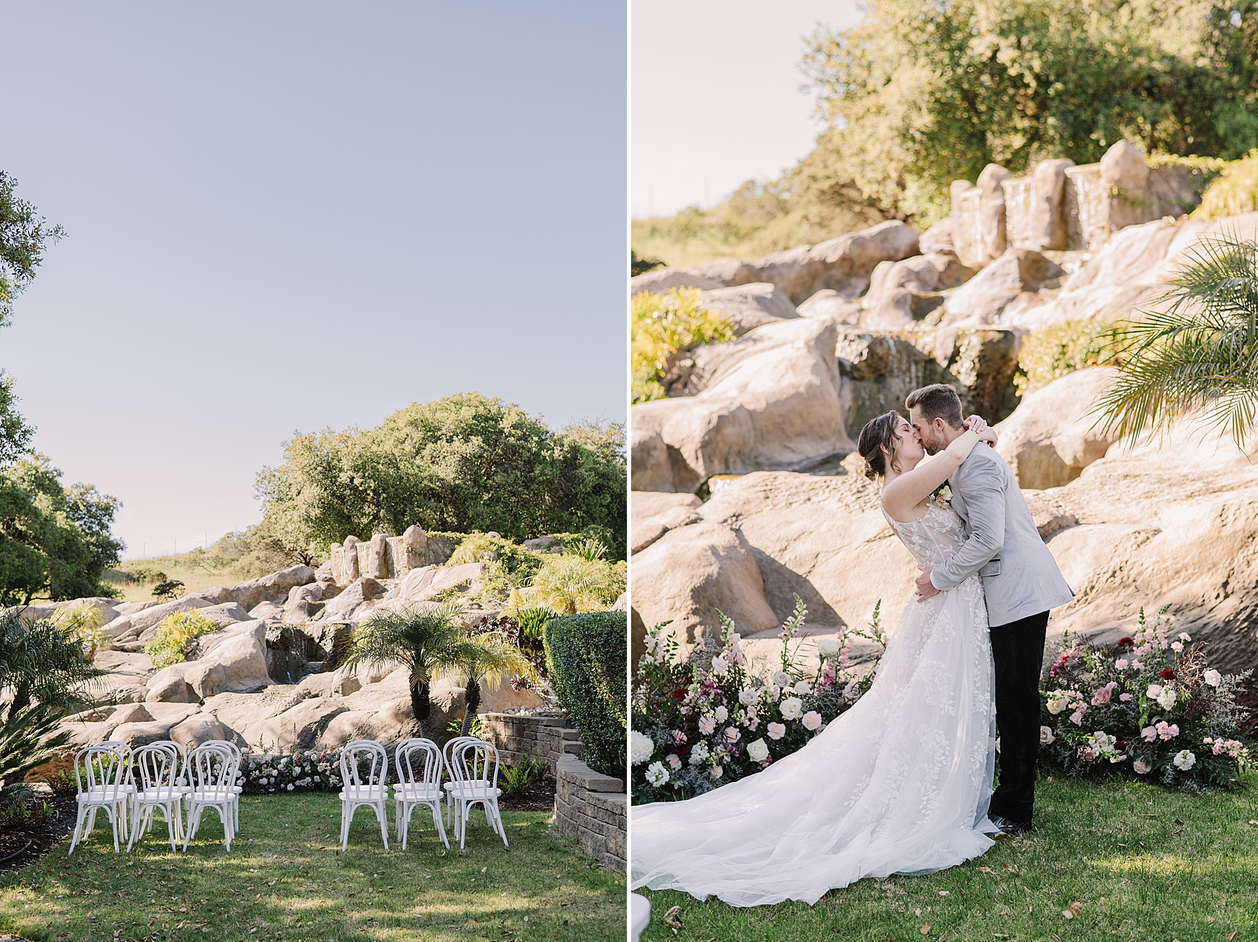 Outdoor wedding ceremony setup and newlywed kiss in front of the iconic rock waterfall at Villa Loriana, a romantic wedding venue in San Luis Obispo’s Edna Valley