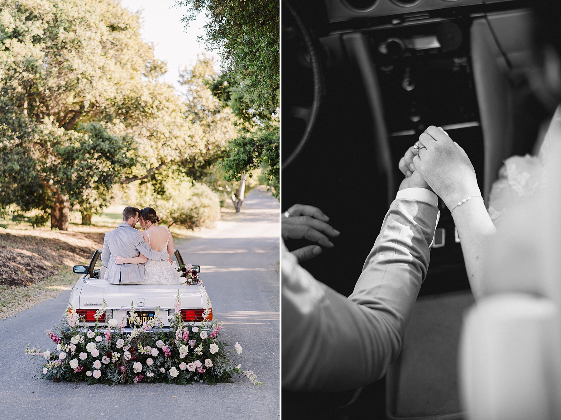 Just married couple shares a romantic moment in a floral-decorated getaway car at Villa Loriana in San Luis Obispo, with a close-up of their hands intertwined during the drive.