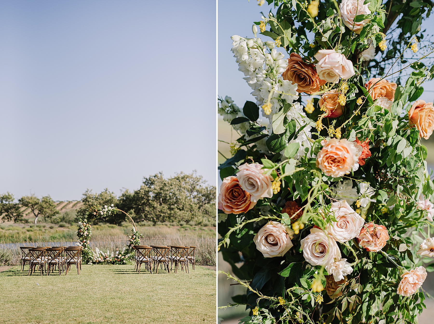 Outdoor wedding ceremony setup at La Lomita Ranch featuring wooden cross-back chairs arranged in rows facing a lush circular floral arch. The ceremony space is set on a grassy lawn beside a pond, with trees and rolling vineyard hills in the distance.