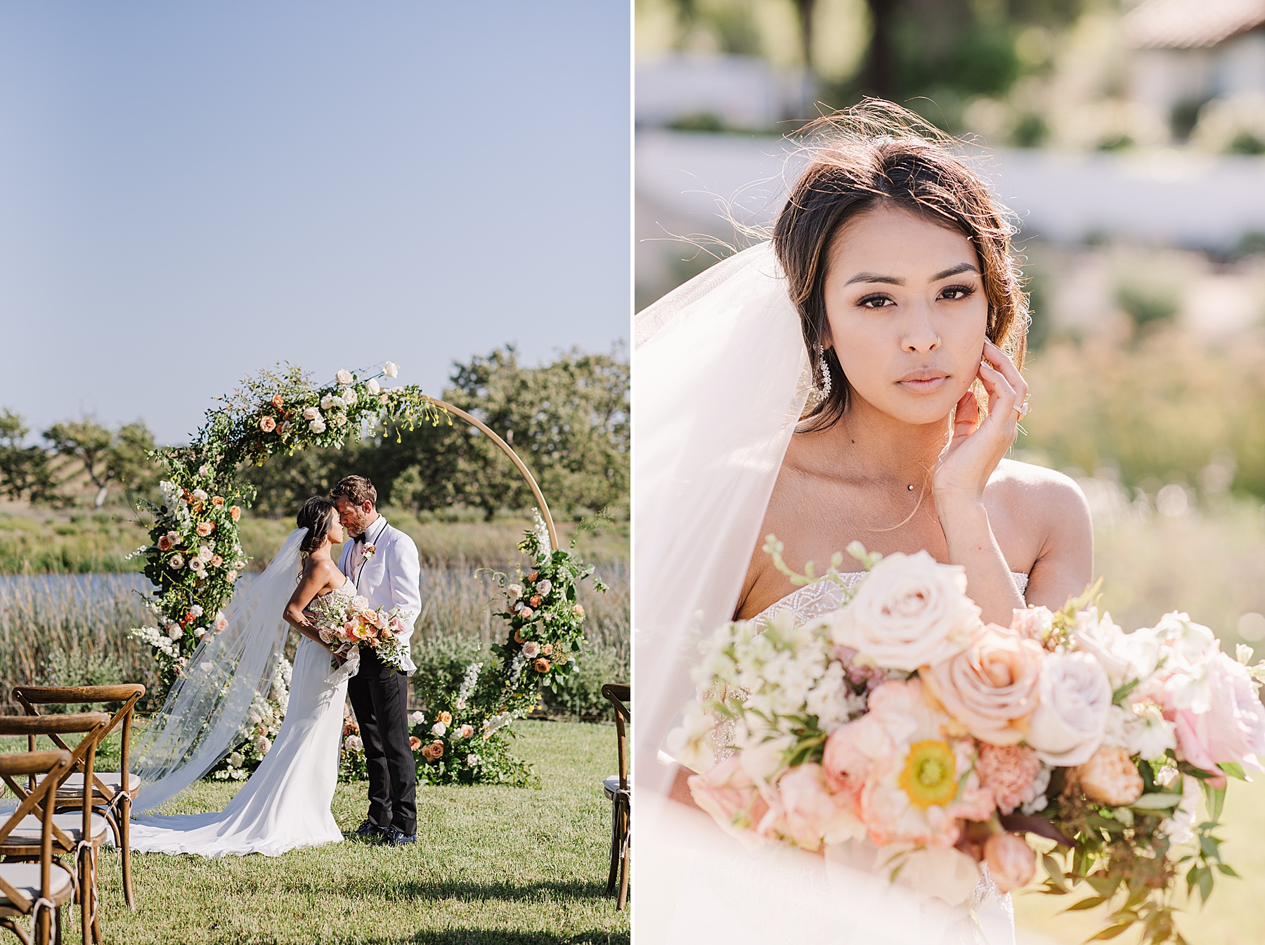 Close-up of a bride’s hands holding a textured bouquet of peach, white, and blush flowers at La Lomita Ranch. Her rose gold engagement ring is visible, with soft veil and beaded bodice details in the background.