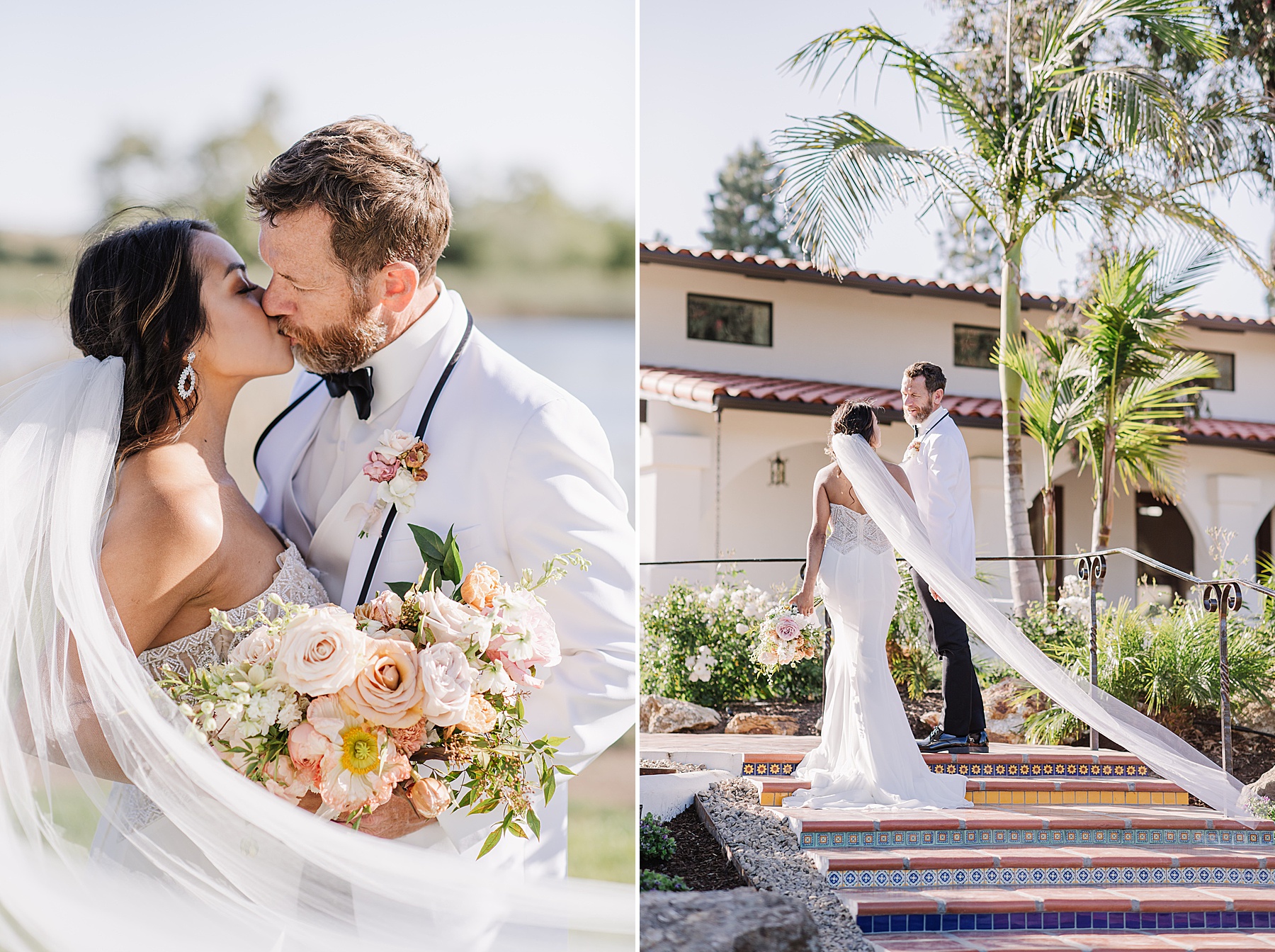 Split image of the bride and groom kissing near the pond at La Lomita Ranch, and walking hand in hand up the venue’s colorful tiled steps, surrounded by palm trees and white stucco architecture.