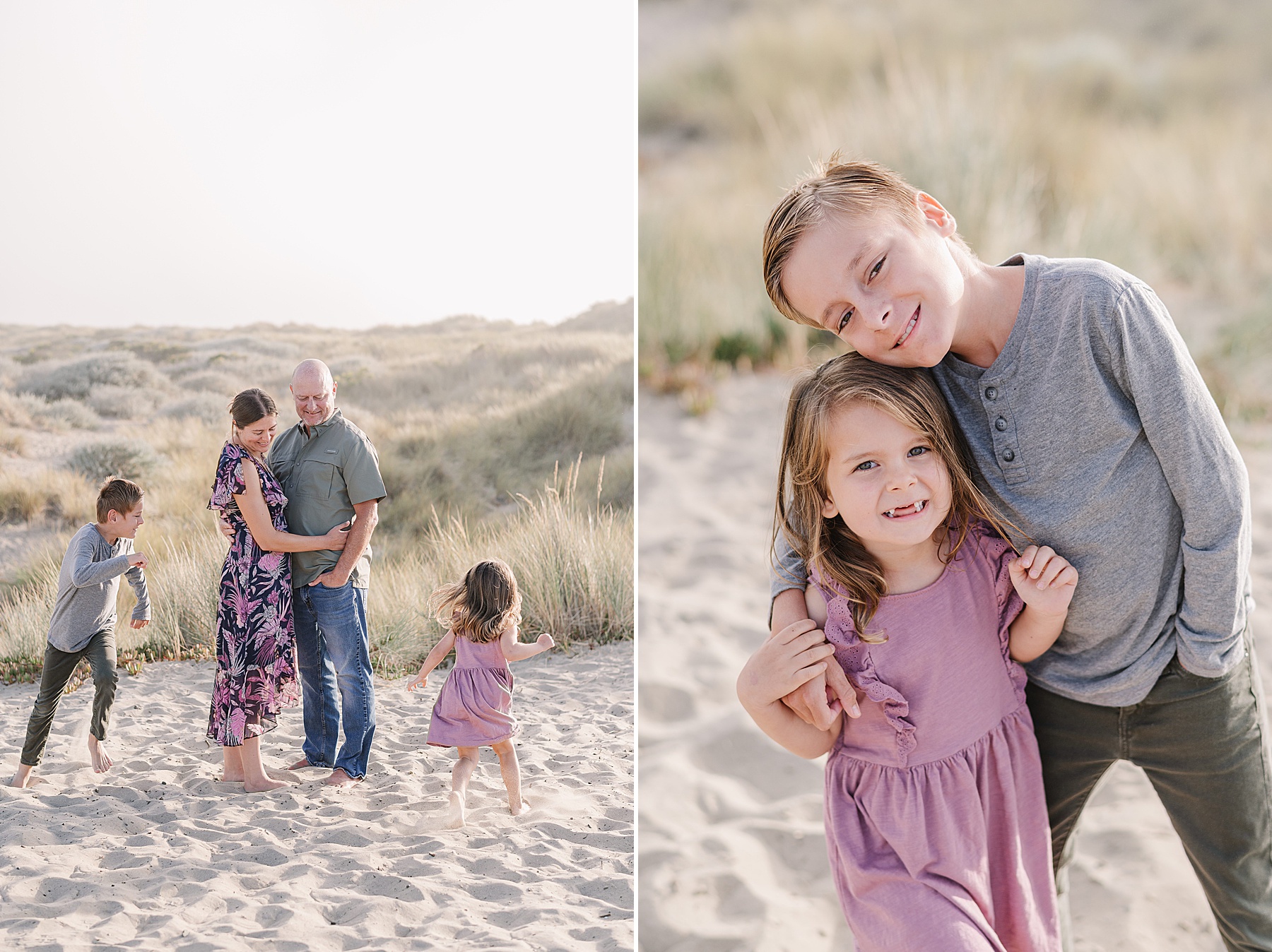A family of five enjoying a Fall Mini Session on the beach in San Luis Obispo, with parents embracing while children play in the sand and dunes. The second image shows a close-up of two smiling siblings, with the older brother hugging his younger sister as they pose for a sweet moment during golden hour