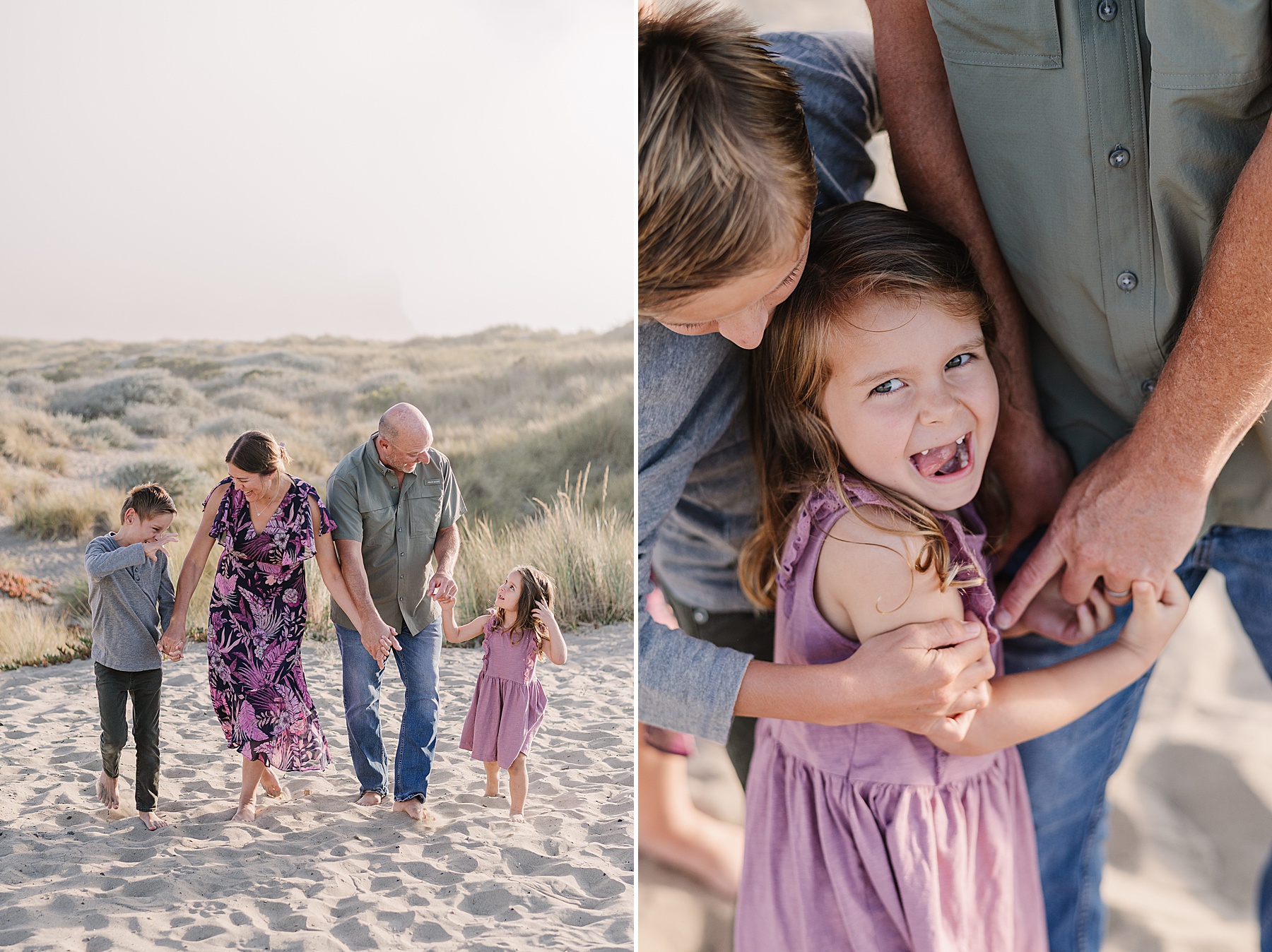 Family walking barefoot on the sand dunes in San Luis Obispo during their fall mini session, with golden hour light and coastal grasses in the background. A joyful close-up captures a laughing young girl in a purple dress, hugged tightly by her older brother and father, showcasing the warmth and connection of a family portrait experience.