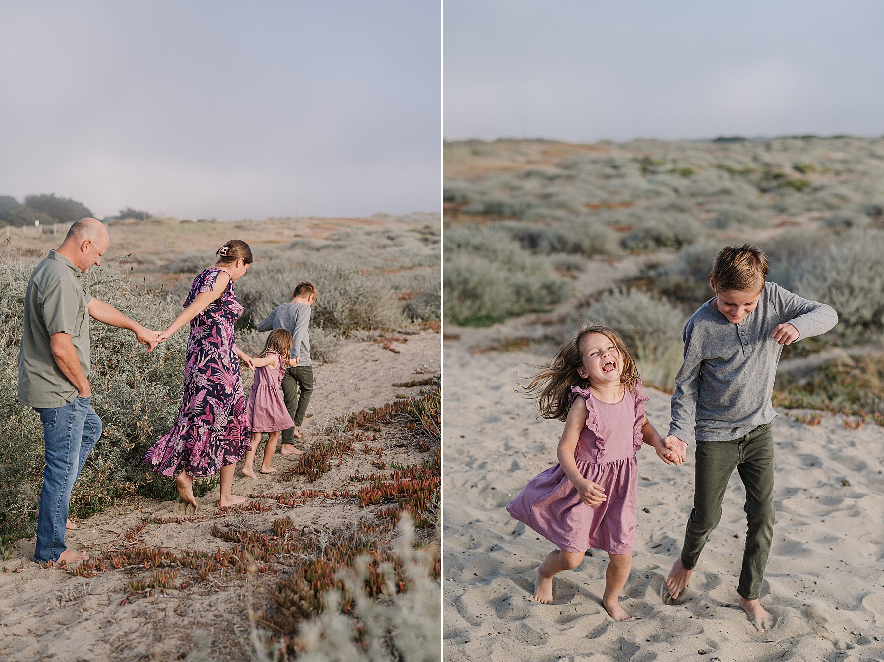 A family of five enjoys a sandy beach during a Fall Mini Session, with golden grass dunes in the background. One image shows the family standing together while two children play; the other is a close-up of a brother and sister smiling and hugging.