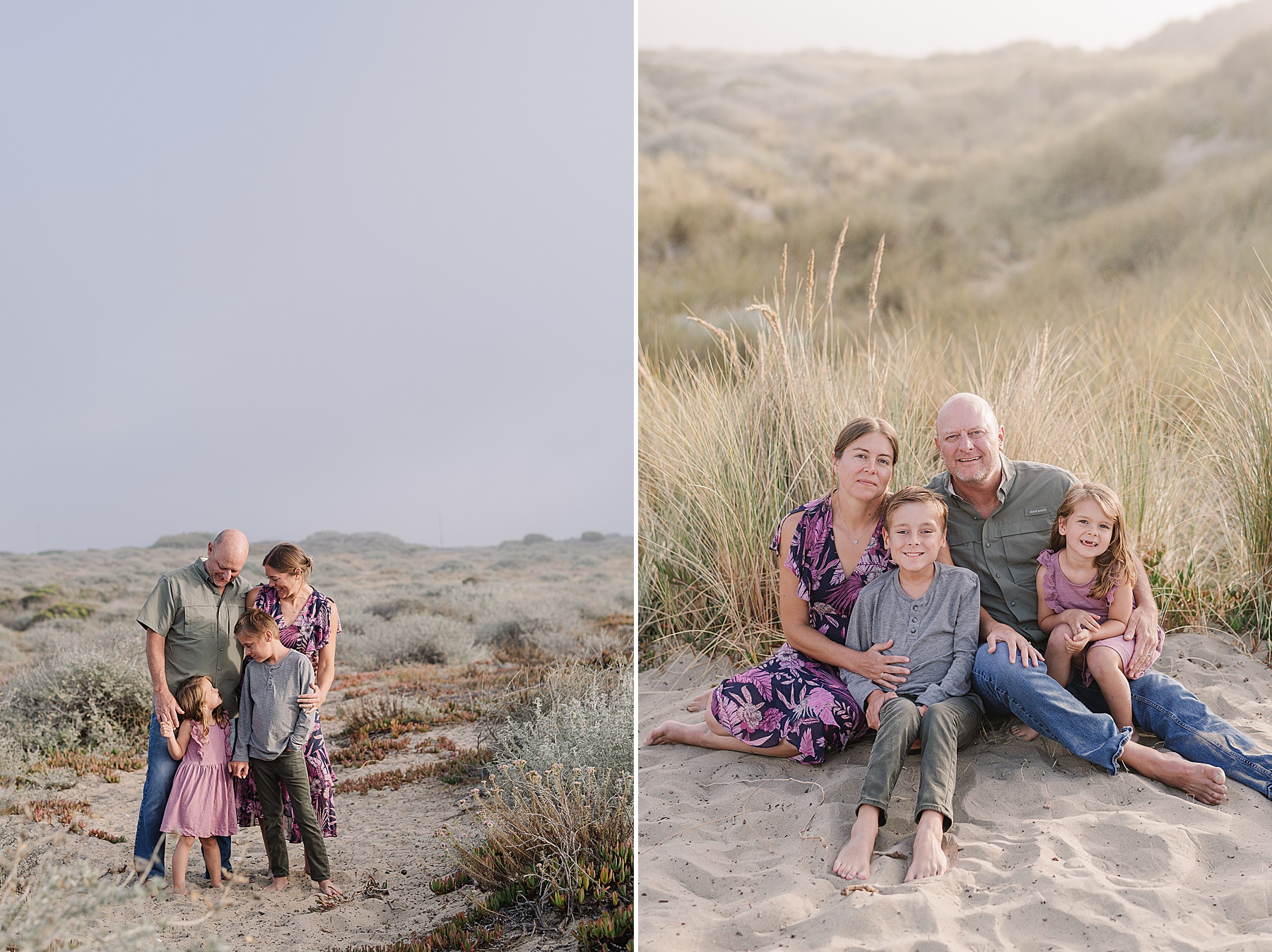 A barefoot family of four walks hand in hand on a sandy beach, surrounded by coastal grasses and soft mist in the distance. The mother wears a purple floral dress, and the daughter in a mauve dress holds hands with her father. On the right, a close-up captures the little girl laughing joyfully while embraced by her older brother and parents, highlighting their warm connection.