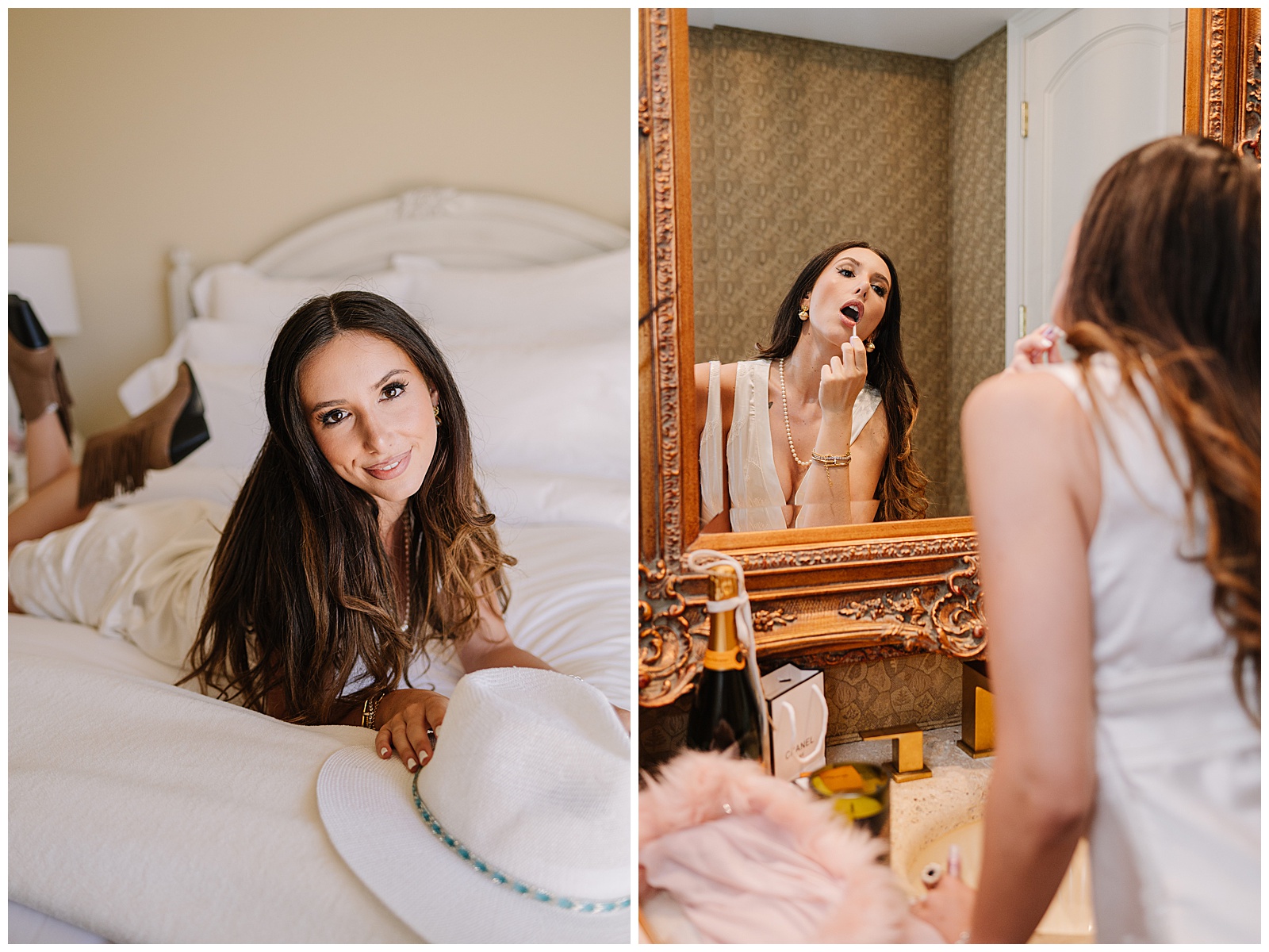A bride gets ready inside the Oak Villa at Eagle Oak Ranch. In one image, she lies on a white bed smiling softly toward the camera, a wide-brimmed hat beside her. In the other, she applies lipstick in front of an ornate gold mirror with a bottle of champagne and perfume nearby, capturing the elegant, relaxed atmosphere of her wedding morning.