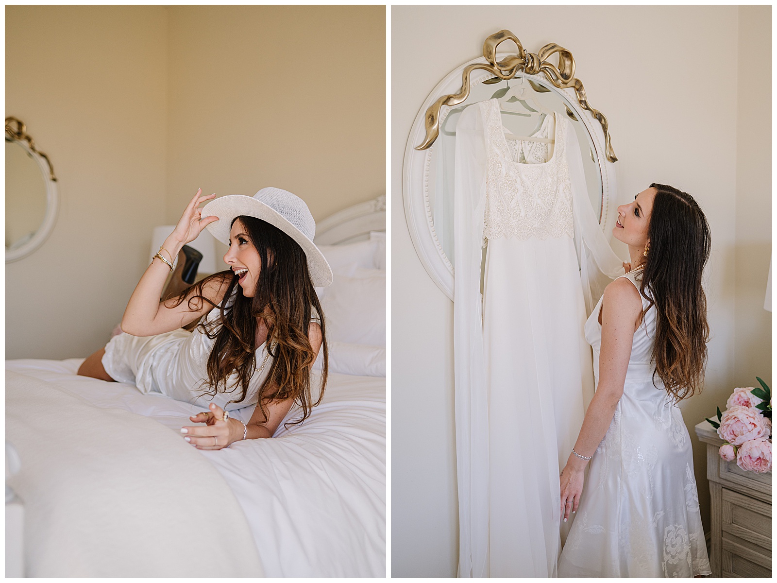 Bride getting ready at Eagle Oak Ranch; left image shows her playfully posing on a white bed in a silk robe and hat, while the right image captures her admiring her lace wedding dress hanging on a mirror with a gold bow frame.