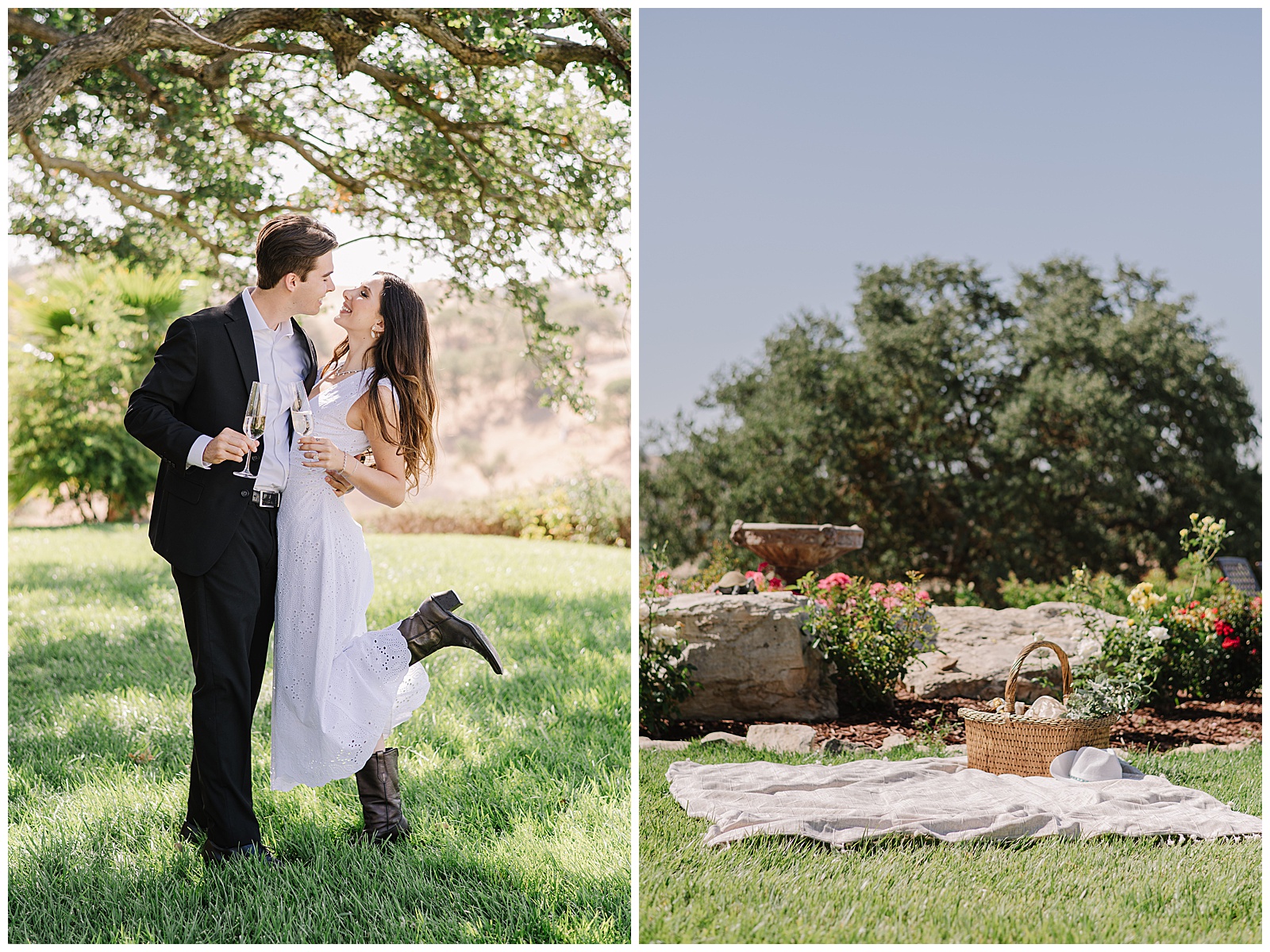 Bride and groom share a joyful moment under a large oak tree at Eagle Oak Ranch, toasting with champagne flutes in hand. The bride wears a white eyelet dress and black boots, lifting one leg playfully.