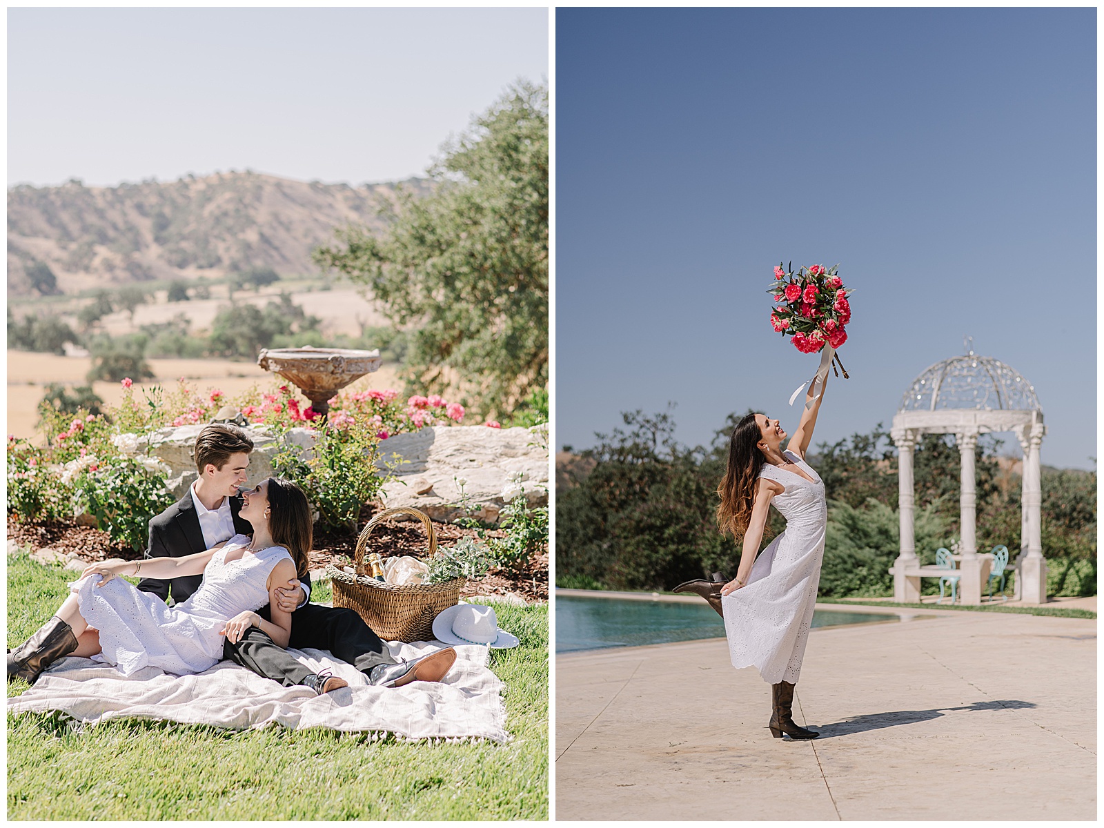 A couple sits close together on a picnic blanket in the gardens of Eagle Oak Ranch, smiling at each other with rolling Paso Robles hills in the background. A woven picnic basket, champagne bottle, and white hat rest beside them among blooming flowers.