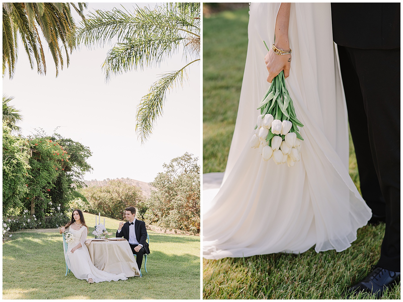 Couple relaxes together on a picnic blanket in a garden with rolling hills in the background; bride later tosses a bright pink bouquet in front of the pool and white gazebo at Eagle Oak Ranch.