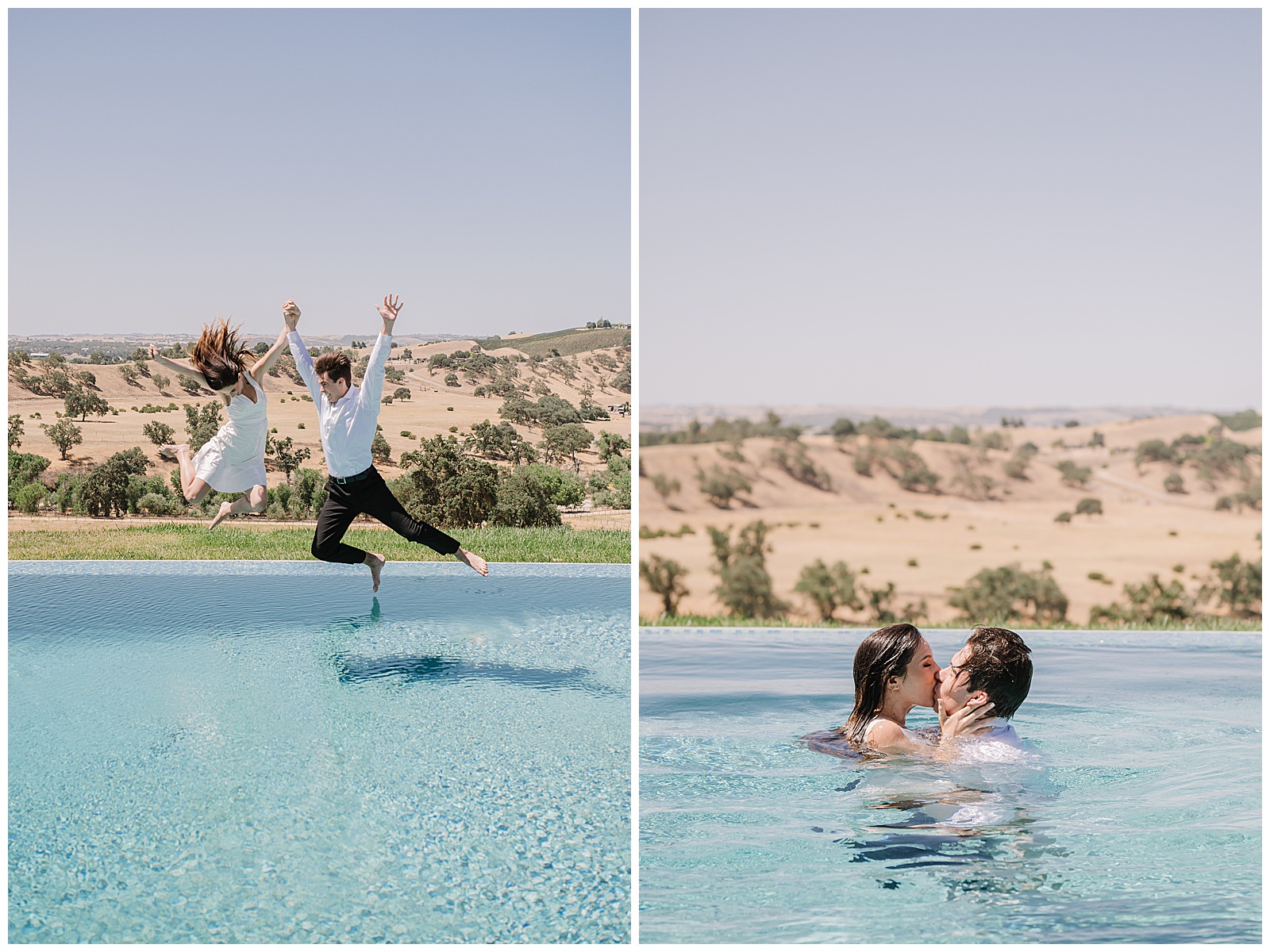 Bride and groom holding hands and jumping into the infinity pool with the rolling hills of Paso Robles behind them