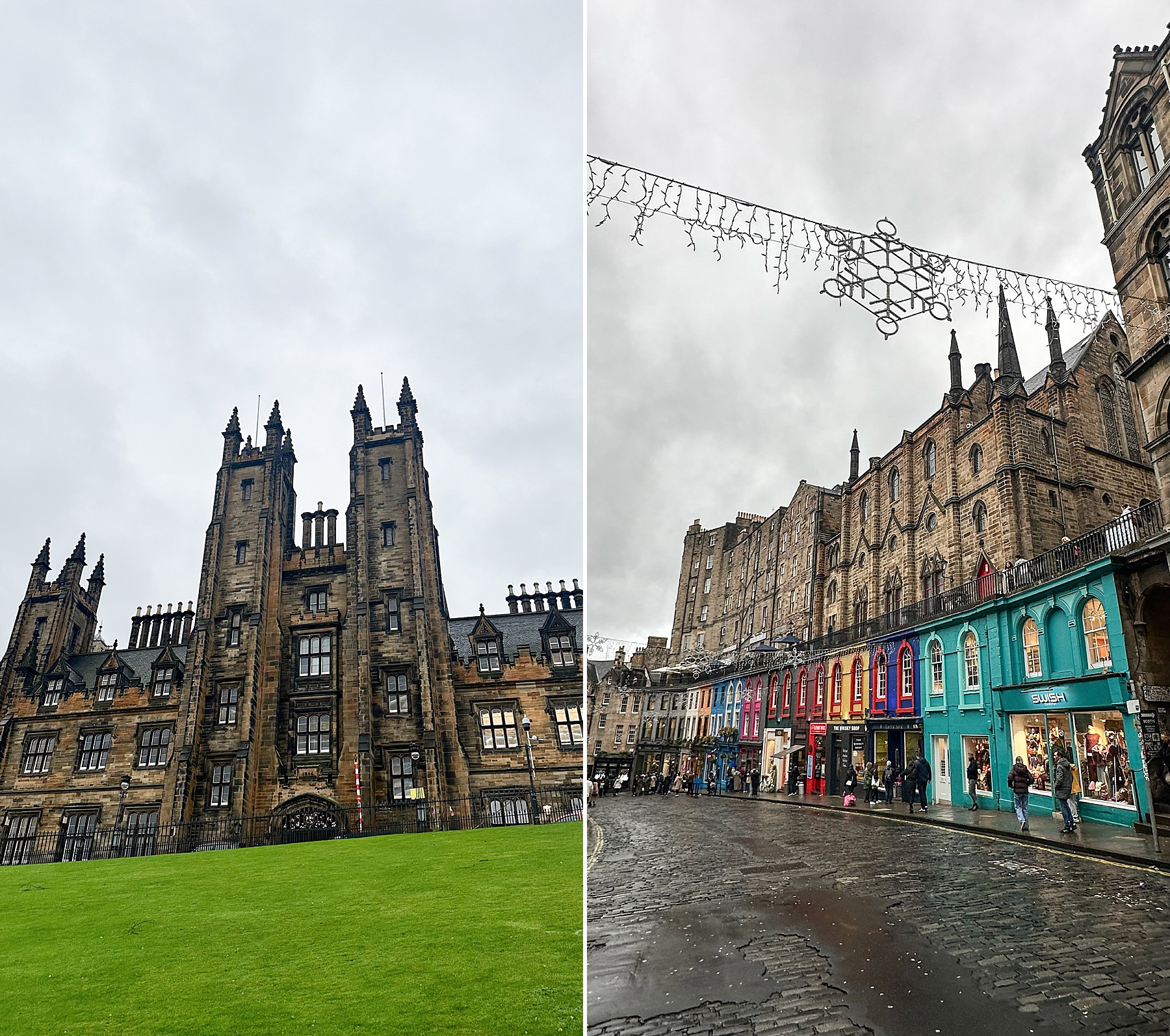Exploring Scotland with a split view of historic stone towers on green lawns and colorful shopfronts along a wet cobblestone street.