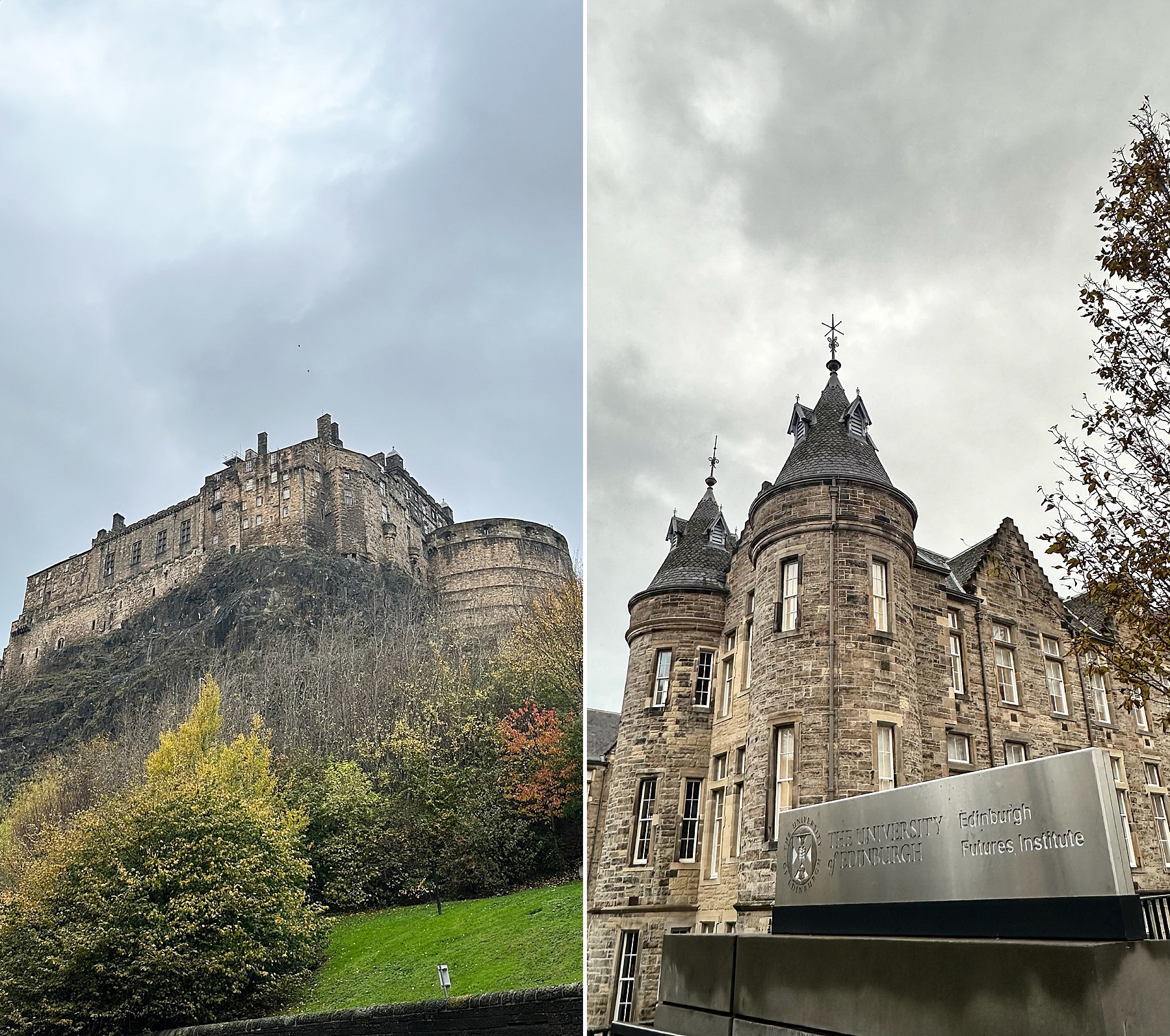 Exploring Scotland with a split view of Edinburgh Castle above fall-colored trees and a historic university building below.