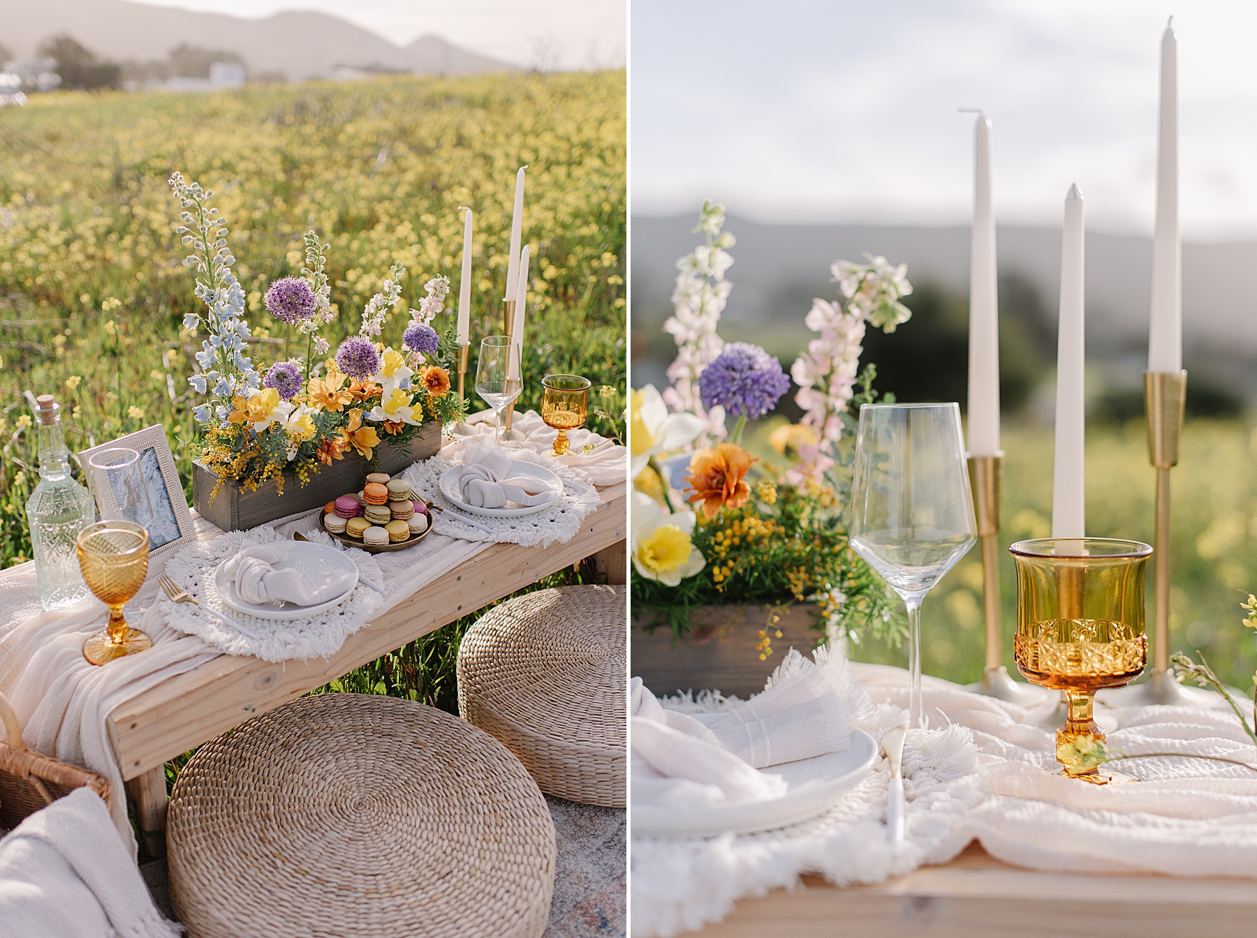 A romantic outdoor picnic setup in a blooming flower field, perfect for unique proposal ideas. The scene features a low wooden table adorned with pastel floral arrangements, gold candlesticks, vintage glassware, and a plate of colorful macarons, evoking a dreamy, intimate atmosphere ideal for a proposal.