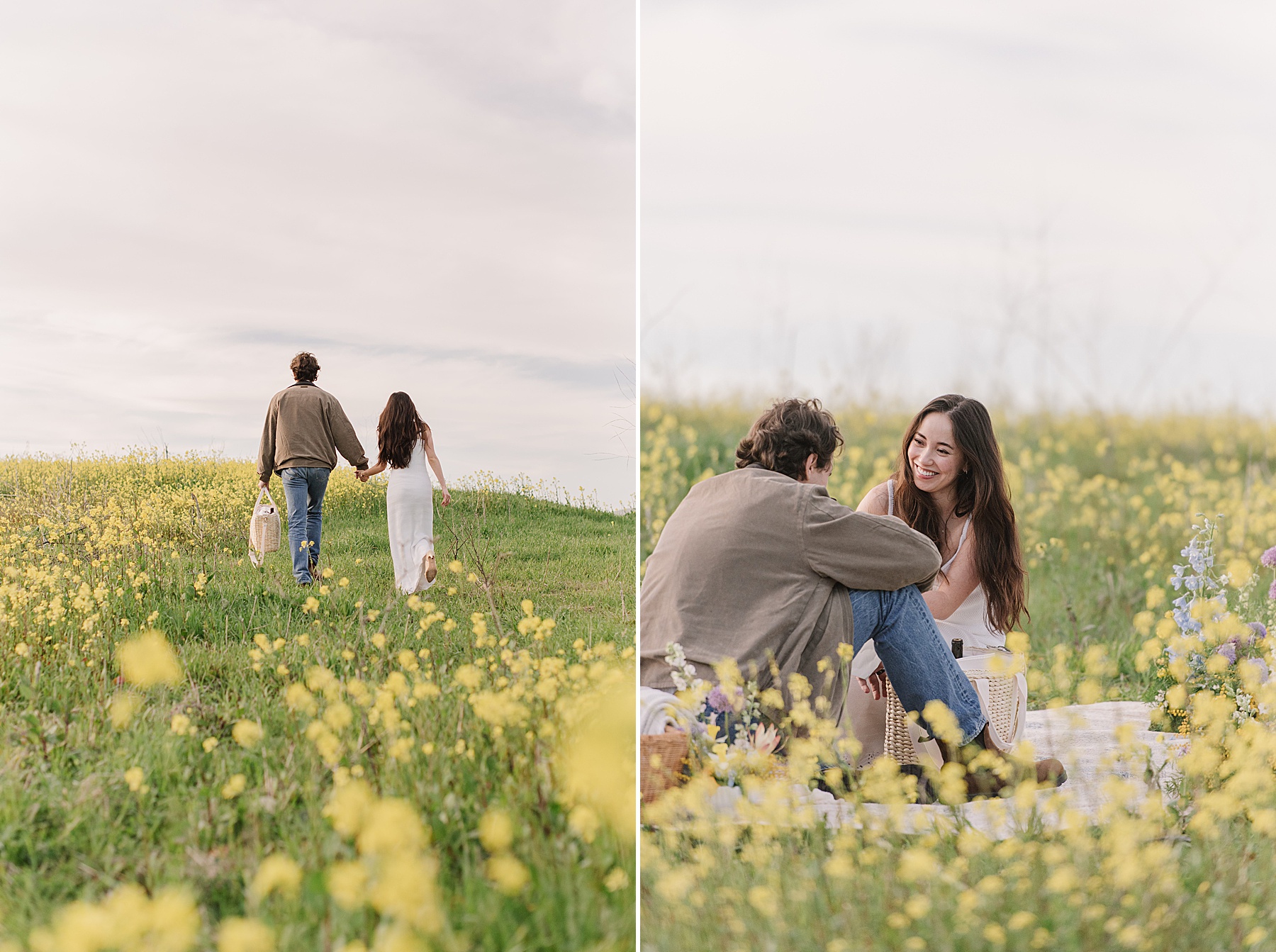 A couple walks hand in hand through a field of blooming yellow wildflowers, leading to a romantic picnic setup where they sit together smiling. This dreamy meadow scene offers one of many unique proposal ideas for couples looking to pop the question in a whimsical and intimate outdoor setting.
