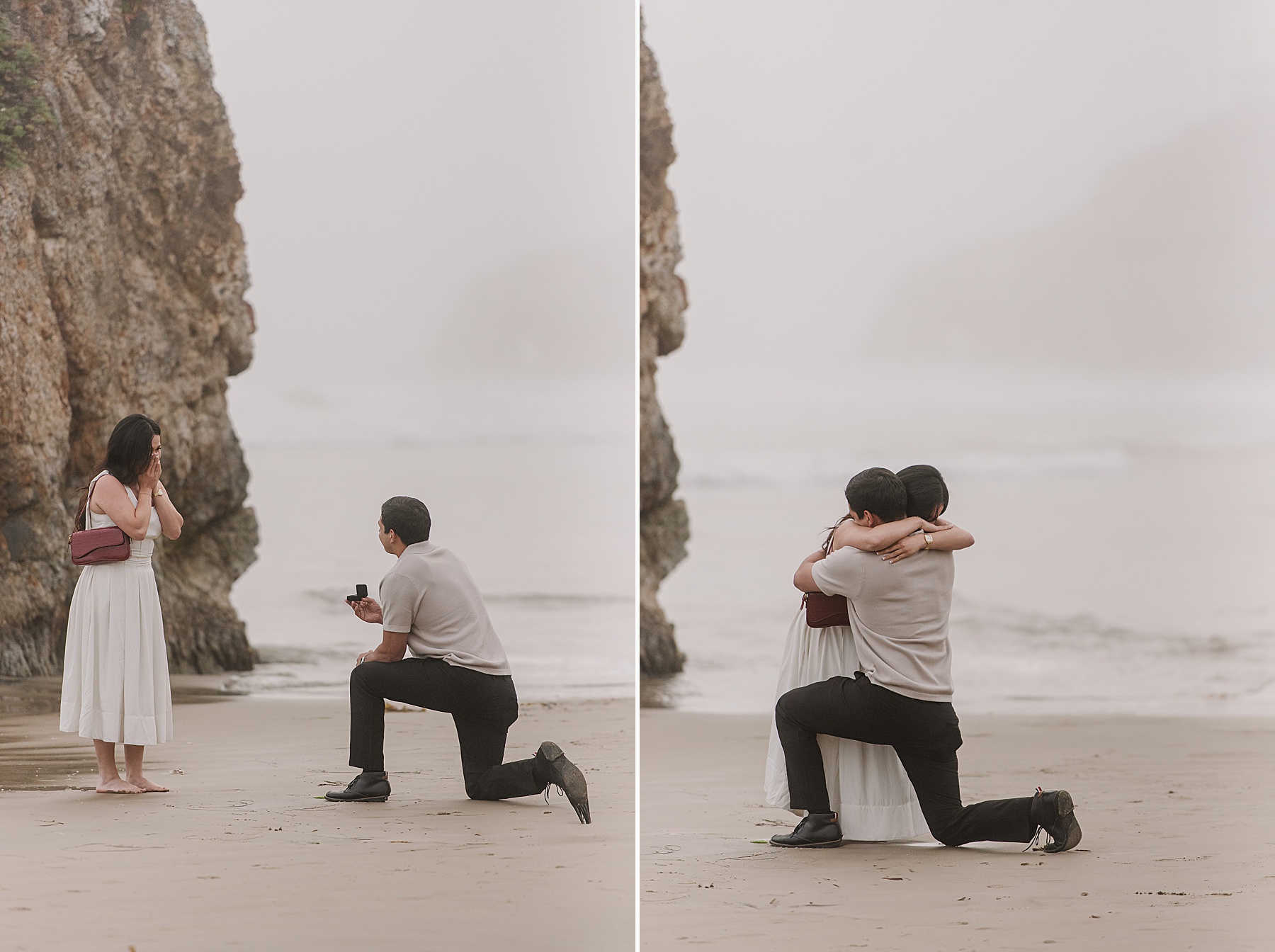 "Foggy beach proposal photos showing a man kneeling on one knee as he proposes to his partner, who looks surprised and emotional in a white dress. In the second frame, the couple embraces on the sand with the ocean and cliffs in the background, capturing a romantic and intimate moment."