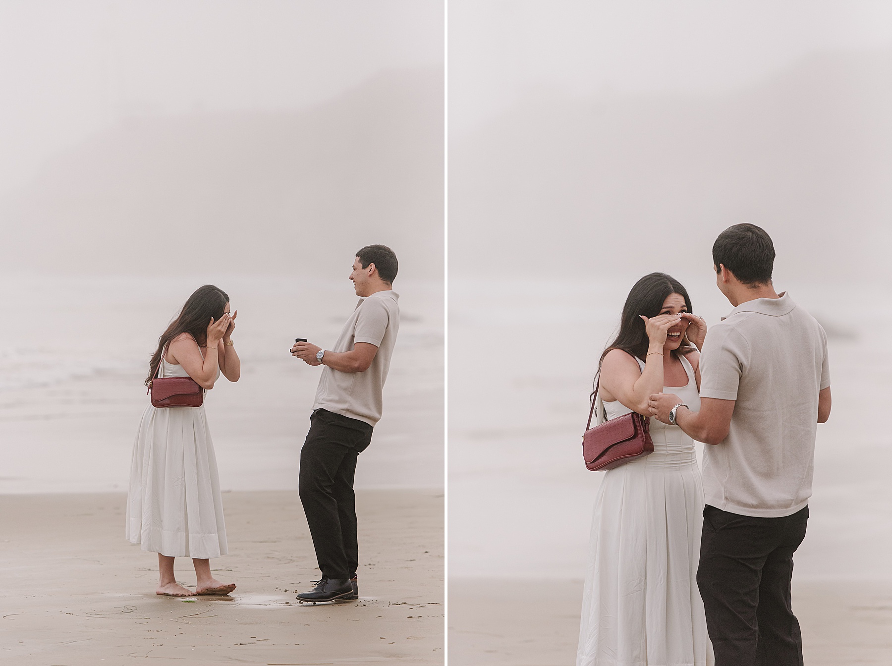 tional beachside proposal photos of a woman reacting with happy tears as her partner presents an engagement ring. Captured candidly on a foggy shoreline, these authentic moments show raw emotion and connection during a surprise proposal."