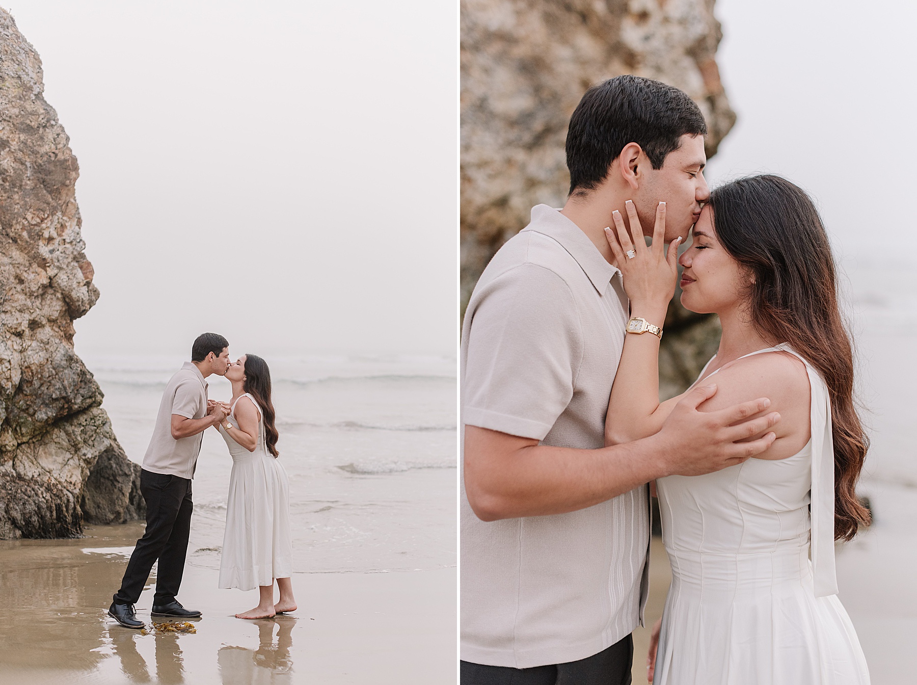 "Emotional beachside proposal photos of a woman reacting with happy tears as her partner presents an engagement ring. Captured candidly on a foggy shoreline, these authentic moments show raw emotion and connection during a surprise proposal."