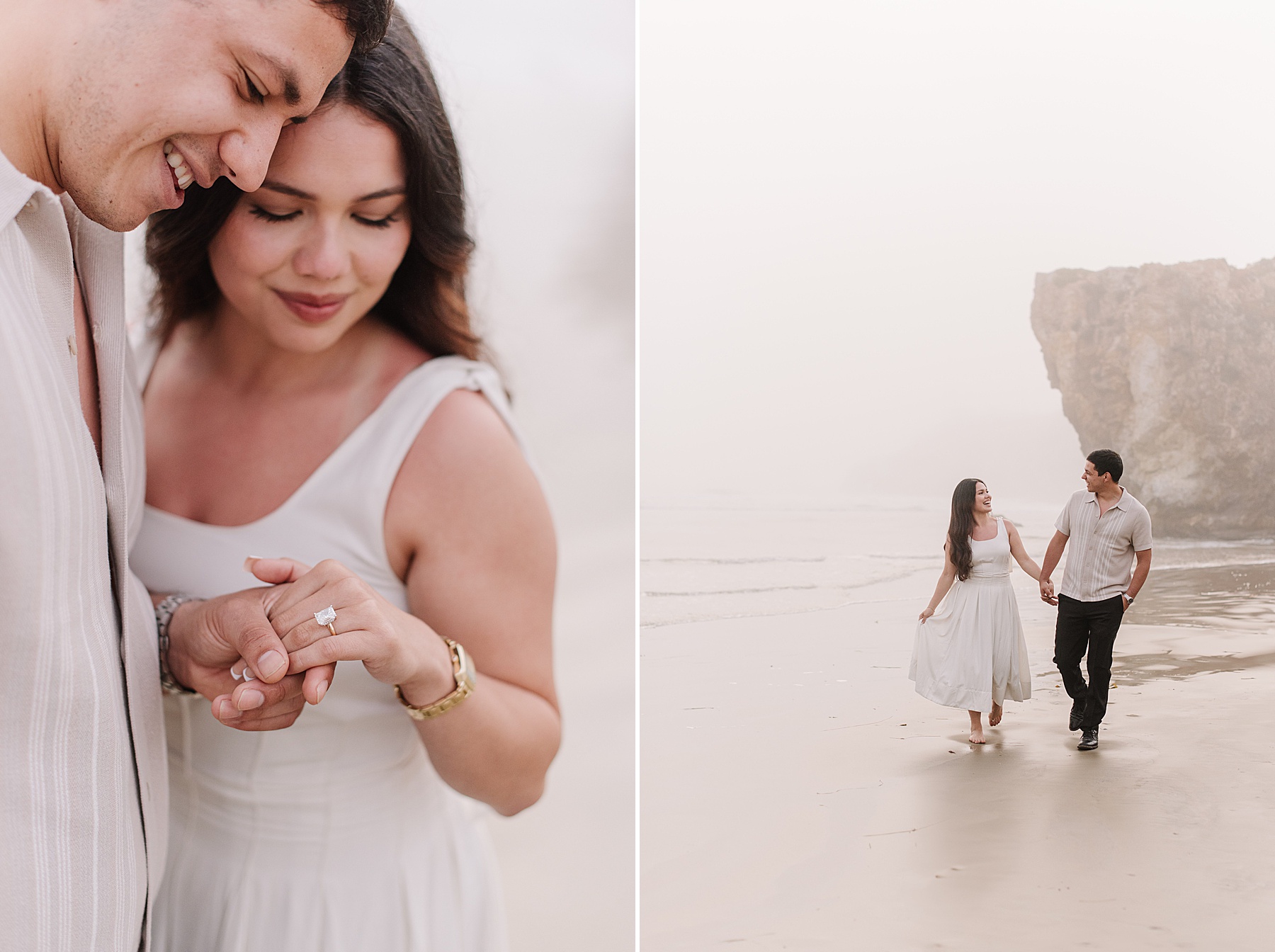 "Emotional beachside proposal photos of a woman reacting with happy tears as her partner presents an engagement ring. Captured candidly on a foggy shoreline, these authentic moments show raw emotion and connection during a surprise proposal."