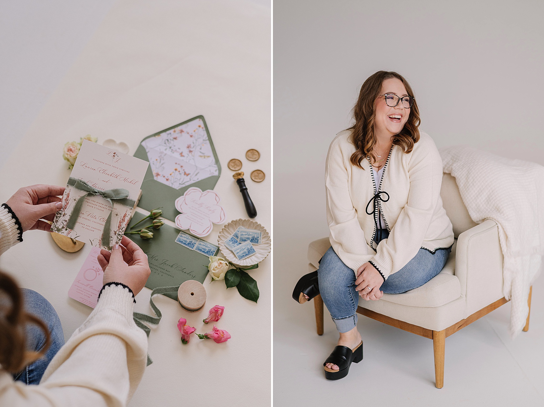 Branding photoshoot for a creative entrepreneur showing two scenes: on the left, a flat lay of elegant wedding stationery with floral accents, vintage stamps, and styling elements; on the right, a smiling woman with glasses in a cozy studio space, wearing a cream sweater and jeans, seated on a modern chair with a neutral backdrop.