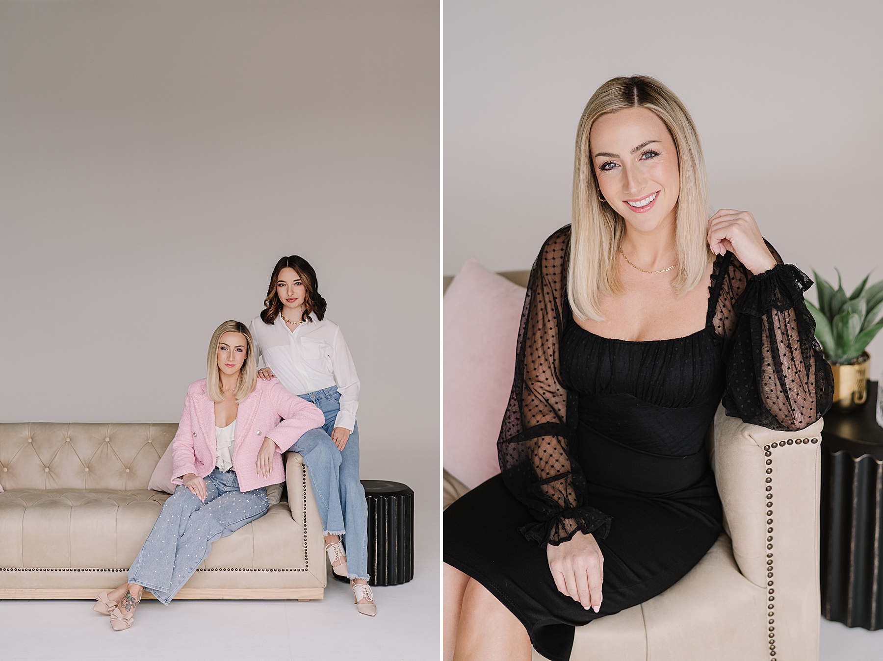 Woman in black sheer-sleeved dress sitting on a beige tufted couch with a pink laptop in her lap, smiling during a modern branding photoshoot.