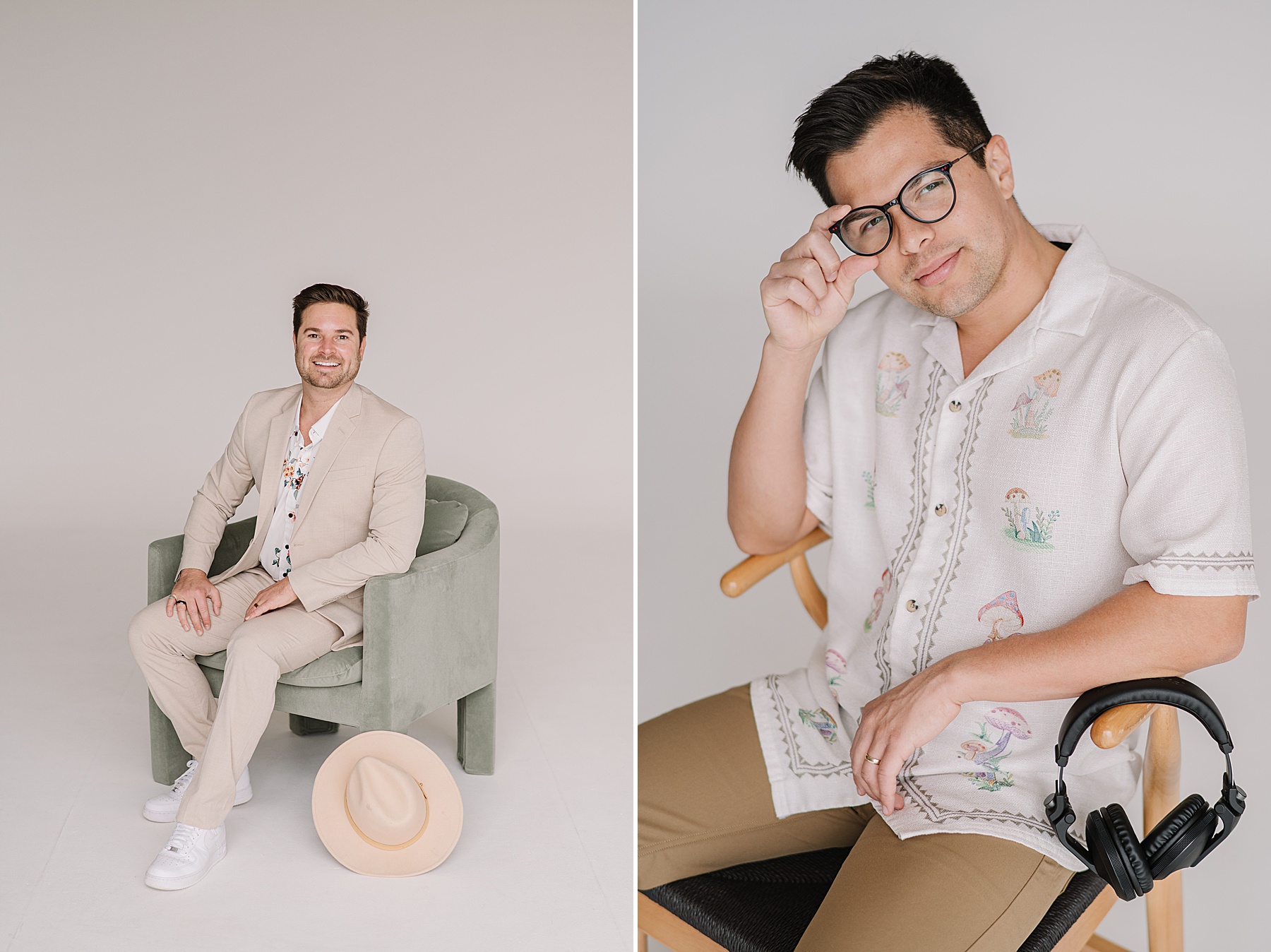 Two men pose for branding photos in a minimalist studio setting. On the left, one man in a beige suit sits on a sage green chair beside a tan wide-brim hat. On the right, another man in a light embroidered shirt and tan pants adjusts his glasses while seated beside black headphones, conveying a casual, creative professional vibe.
