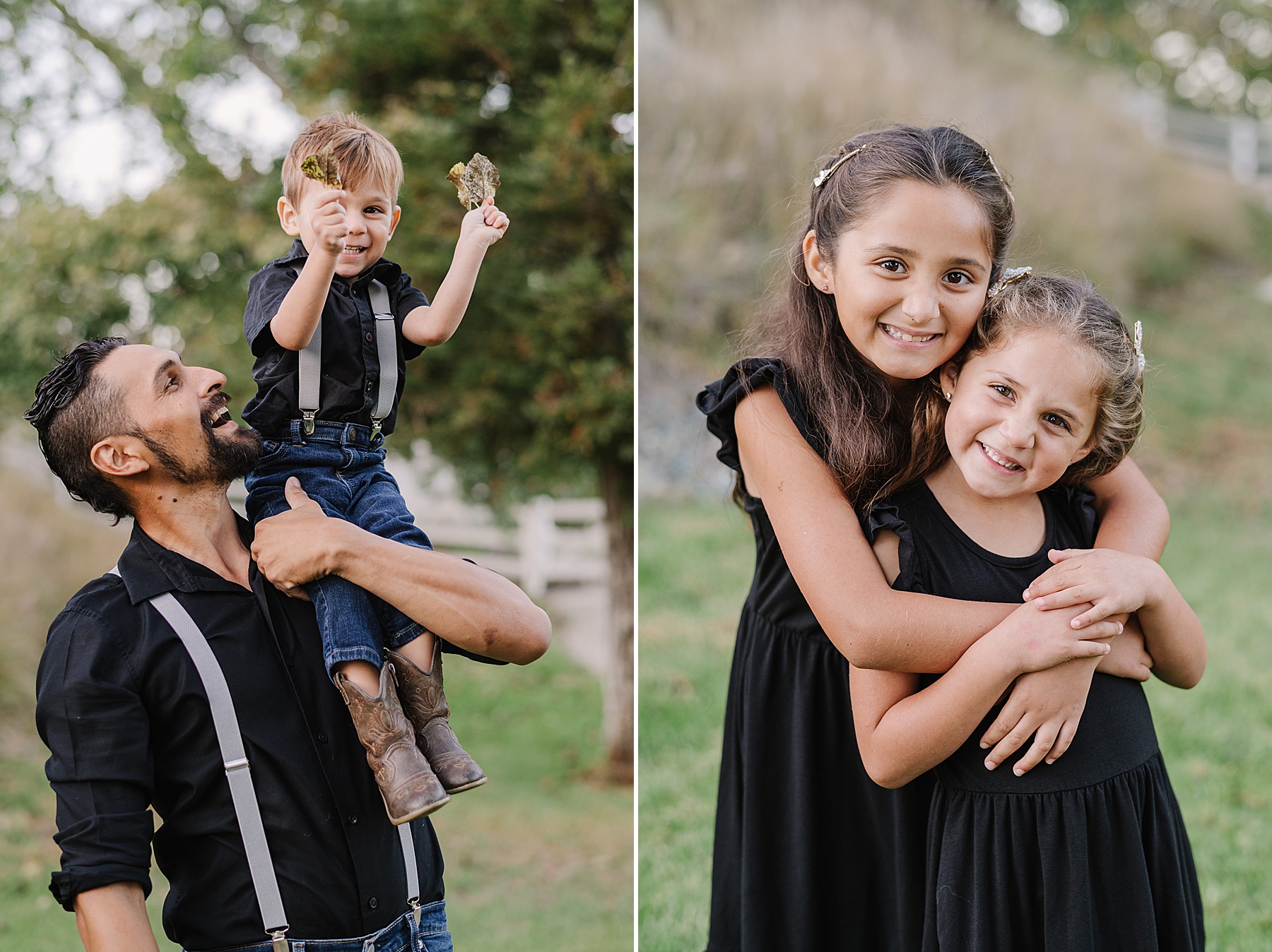 Toddler family photoshoot tips captured through playful family moments, including a father lifting his toddler and siblings sharing a hug outdoors.