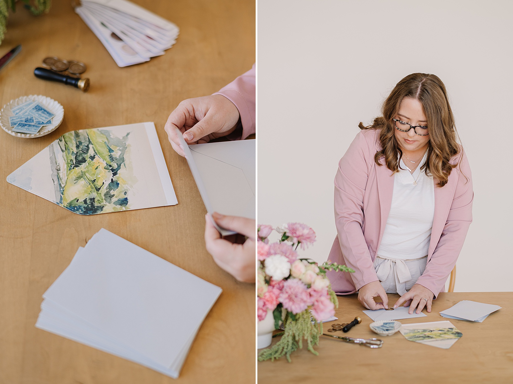 Branding photoshoot showing a wedding stationer assembling custom invitations at a studio workspace.