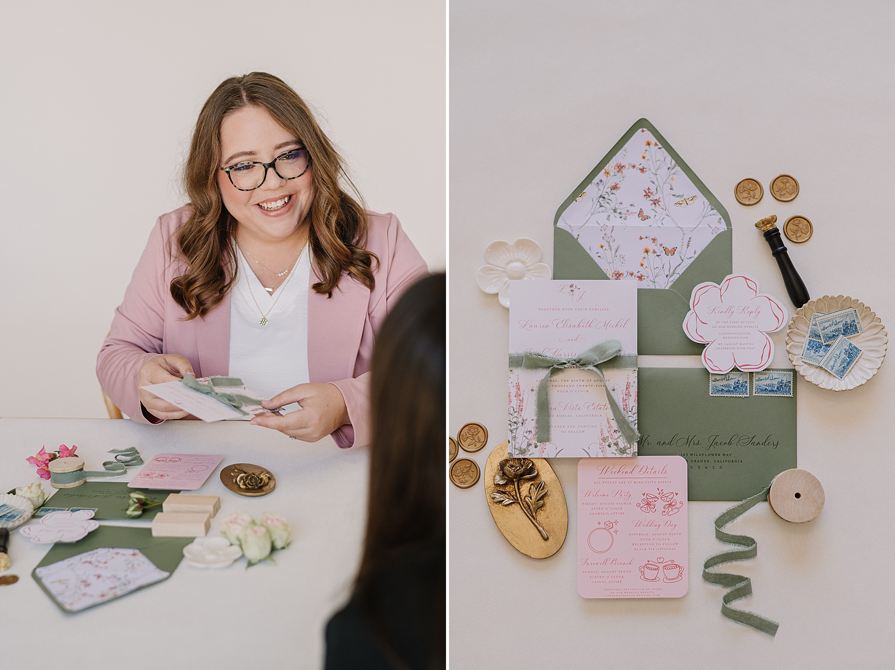 Branding photoshoot featuring a stationery designer presenting custom wedding invitations and styled paper goods.