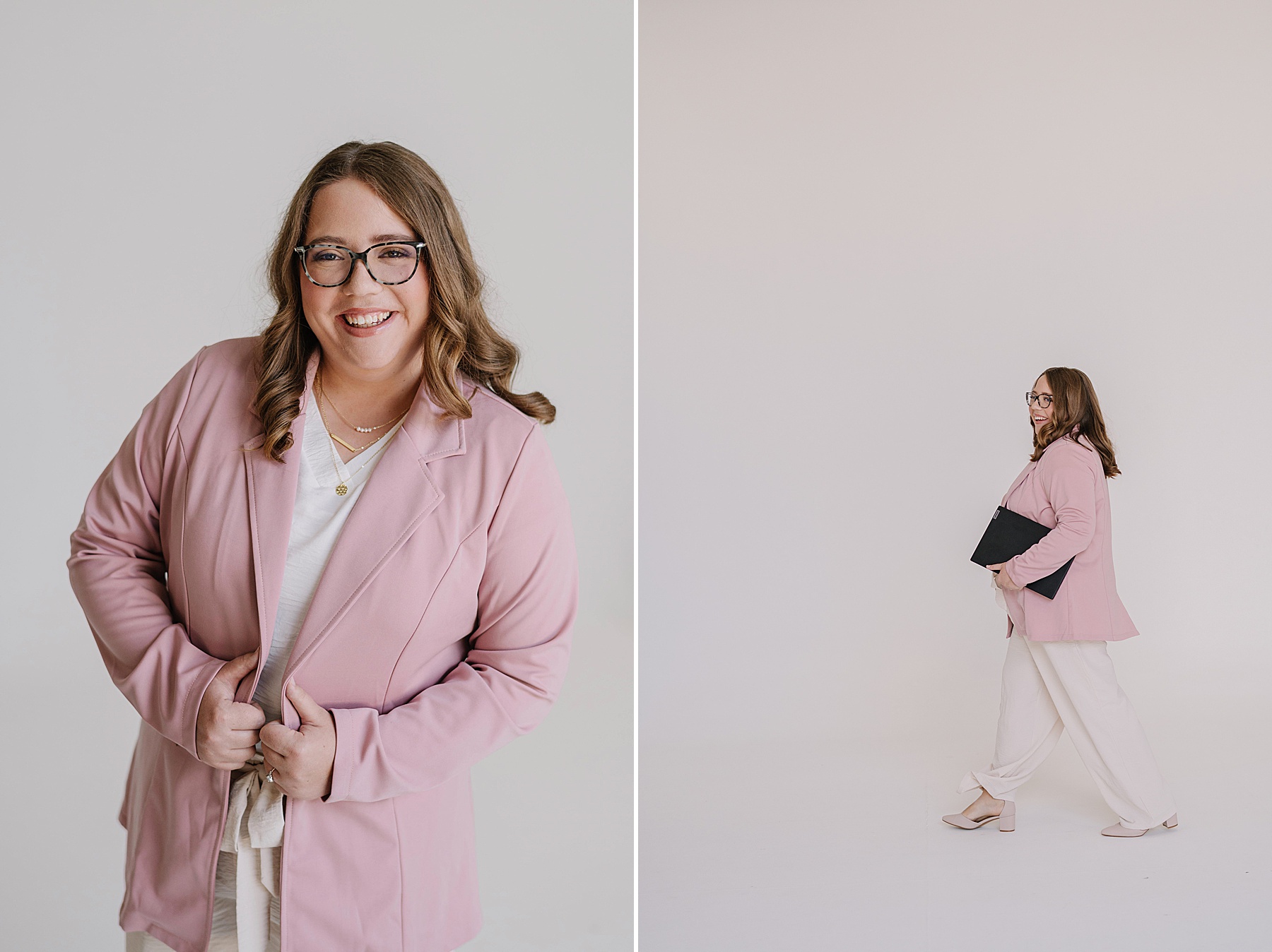 Professional branding photoshoot featuring a woman in a pink blazer posing against a clean studio backdrop.
