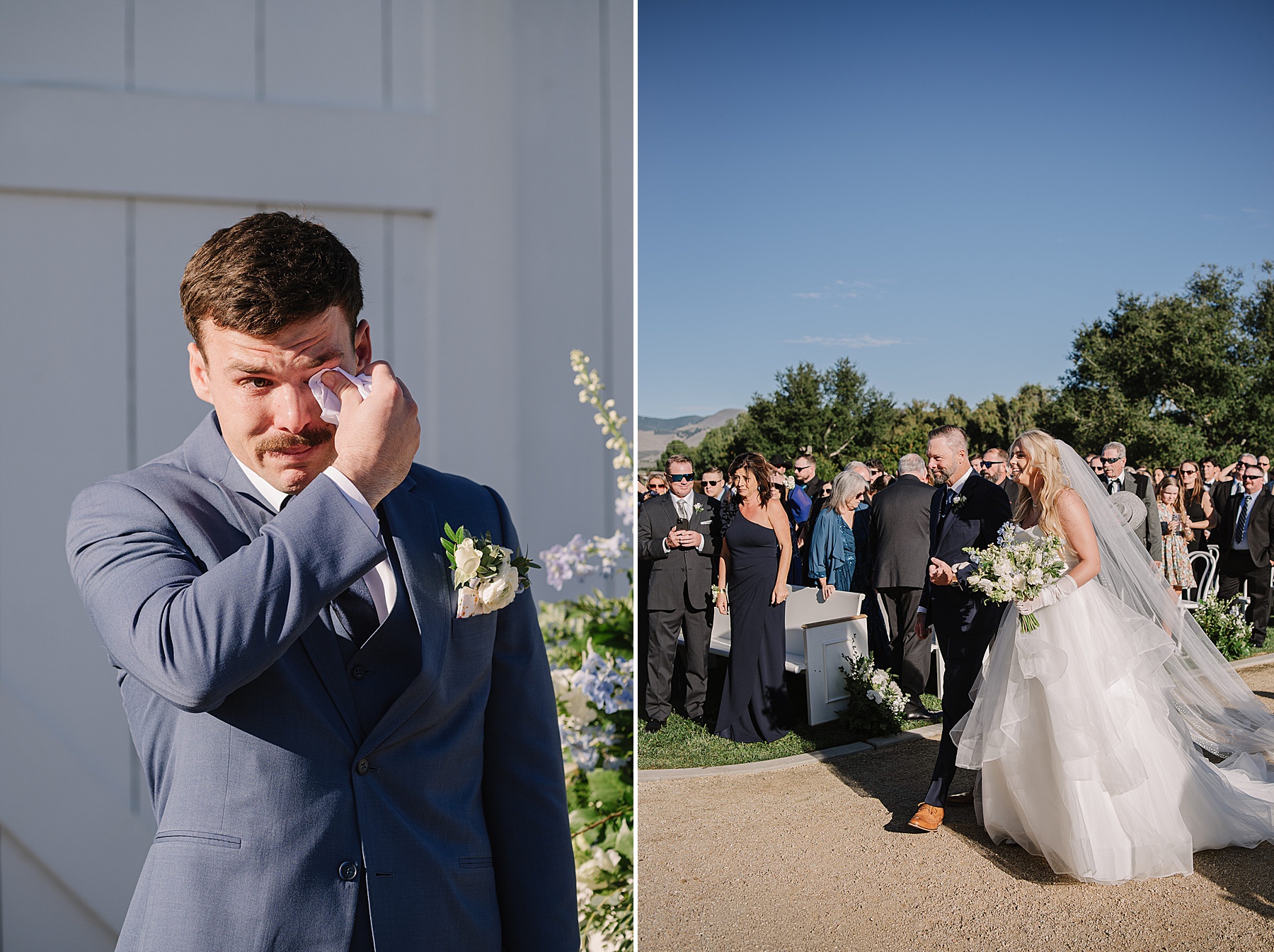 Emotional wedding ceremony moments at White Barn Wedding Venue in Edna Valley, California featuring the groom’s reaction as the bride walks down the aisle during a romantic Central Coast wedding.