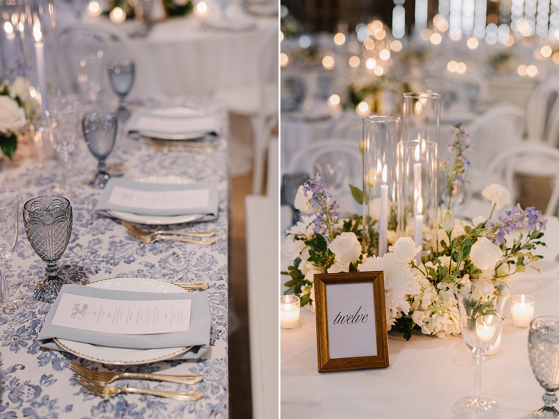 Elegant reception details at White Barn Wedding Venue in Edna Valley featuring romantic candlelit tablescapes, blue floral linens, white blooms, and timeless Central Coast wedding decor.