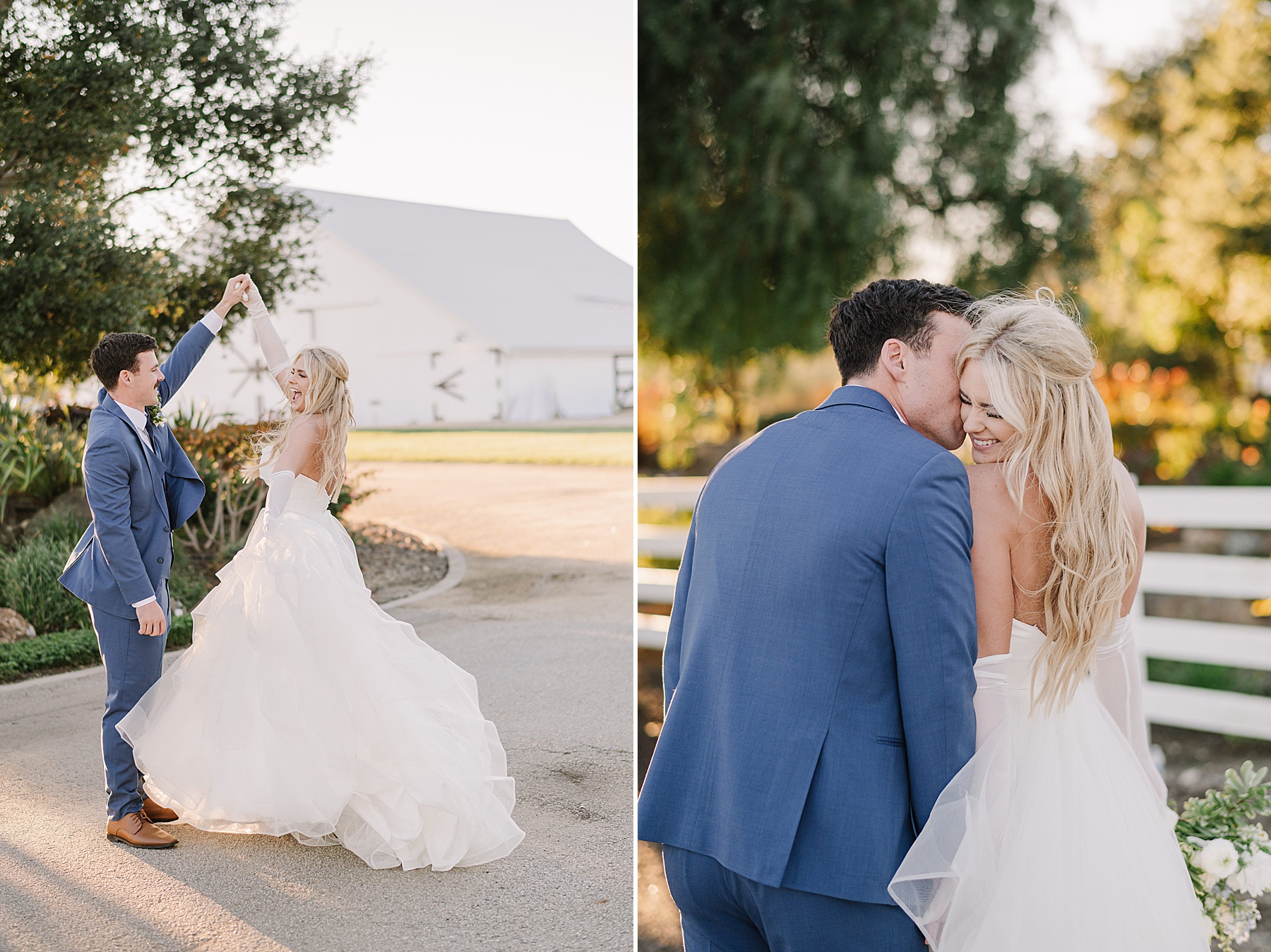 Romantic golden hour wedding portraits at White Barn Wedding Venue in Edna Valley, California featuring joyful newlywed moments surrounded by soft Central Coast sunset light.