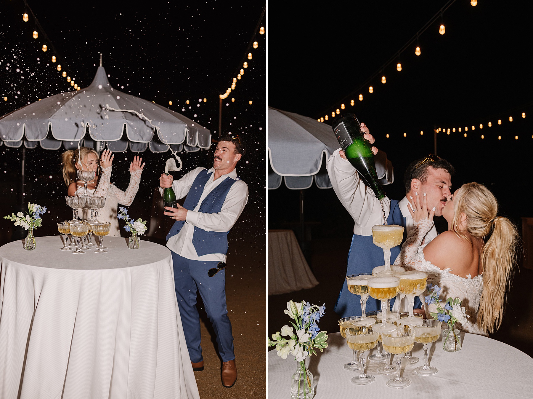 Fun champagne tower celebration at White Barn Wedding Venue in Edna Valley, California featuring newlyweds celebrating under romantic string lights during a lively Central Coast wedding reception.