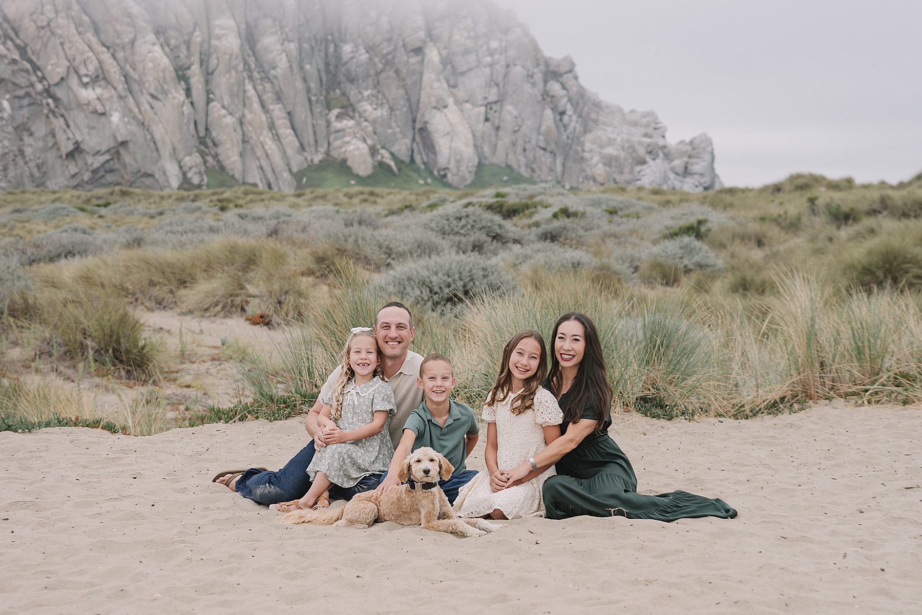 Central Coast family photos of a family with three children and their dog sitting together on the beach with coastal cliffs in the background.