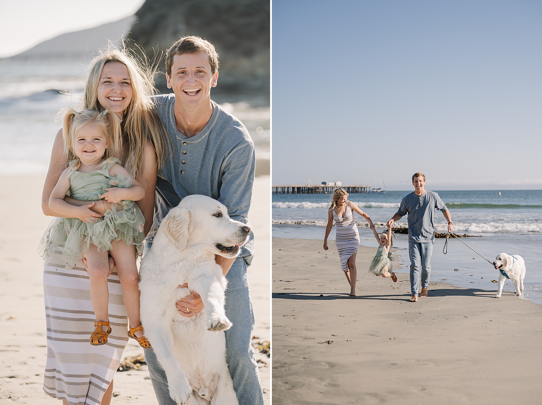 Parents smiling with their young daughter and golden retriever during a Central Coast beach family photography session, followed by a playful walk along the shoreline near the pier.