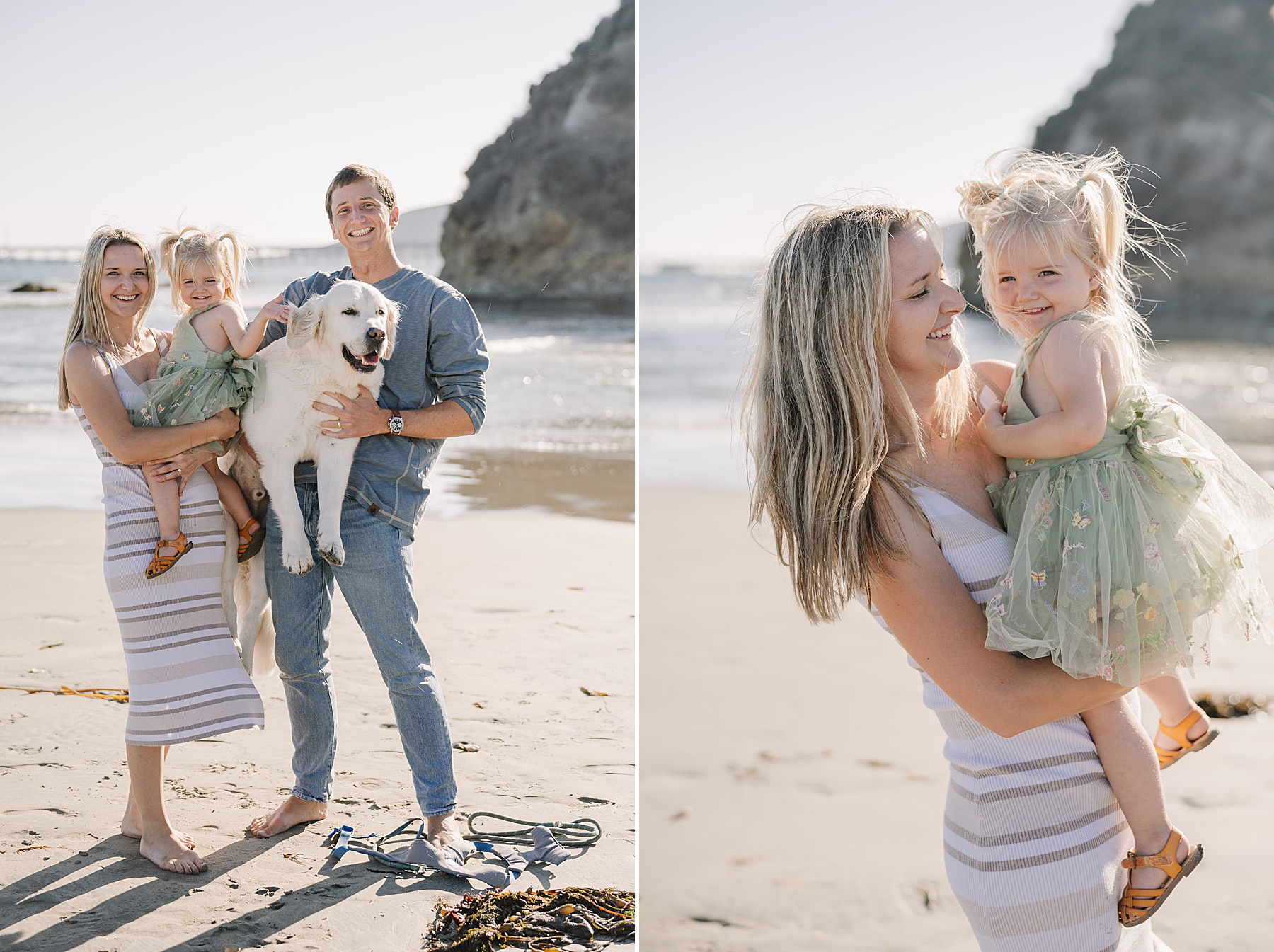 Family beach photography on the California Central Coast featuring parents, their young daughter, and their dog, with sandy shores and coastal cliffs in the background.