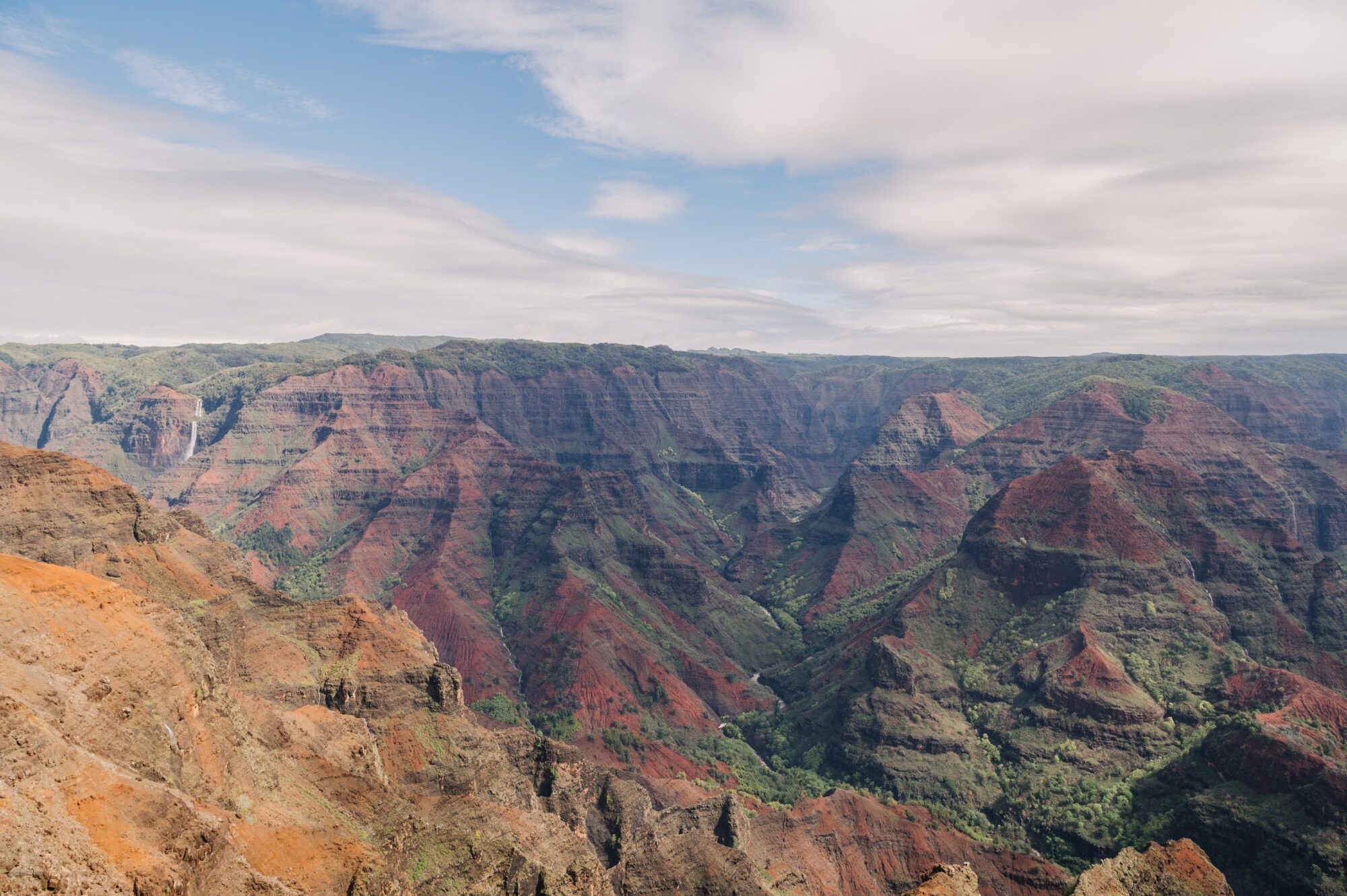 Majestic view of Waimea Canyon on Kauai, Hawaii, featuring dramatic red and green cliffs, deep valleys, and a distant waterfall under a partly cloudy sky.